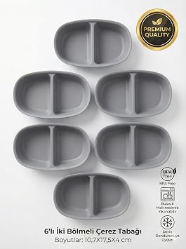 6'lı İki Bölmeli Çerez Tabağı Seti - 17.5 cm Kırılmaz Plastik Çerezlik ve Mezelik - BPA İçermez, Derin Dondurucuya Uygun (Gri)