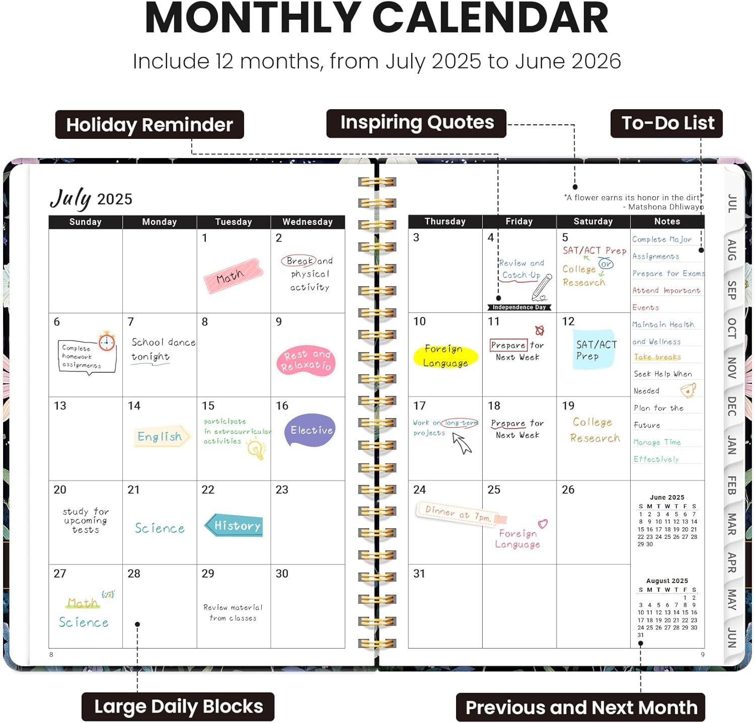 Planner 2025-2026, Monthly and Weekly Calendar Academic Planner (July 2025 - June 2026), Hardcover Student Teacher Planning Agenda Book with Tabs, Perfect for Office School Supplies, A5 (6.3" x 8.5") - Celestial Garden 6.4"x8.5" Academic Planner Q-Celestial Garden image 2 of 7 B0F7LPZXF2