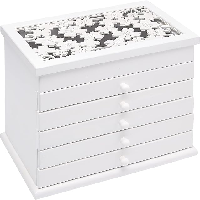 Amazon Basics Large Jewellery Organizer with 6-Layer Case and 5 Drawers, Wooden Storage Box - White