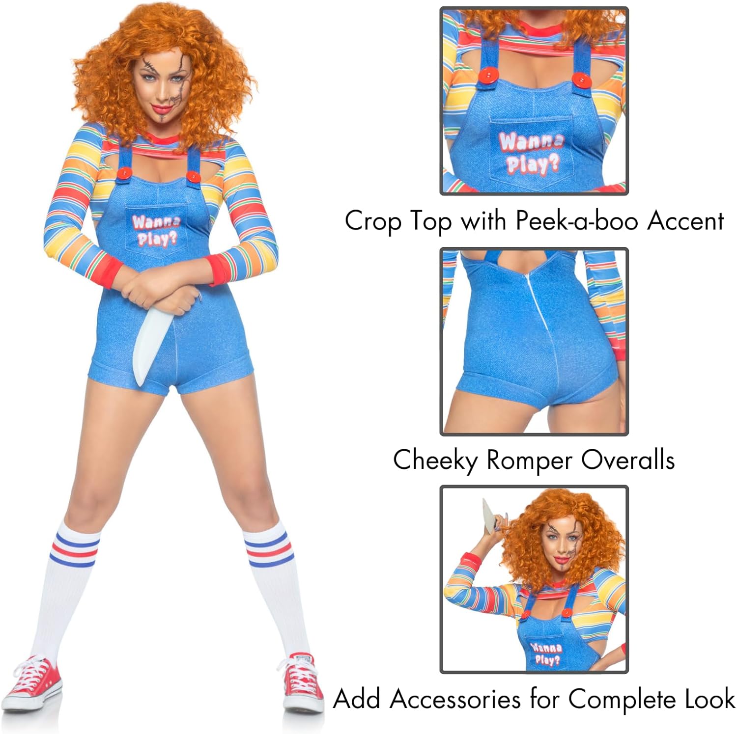 Leg Avenue Women's 2 Pc Demon Doll Costume with Crop Top, Romper Overalls - Image 4