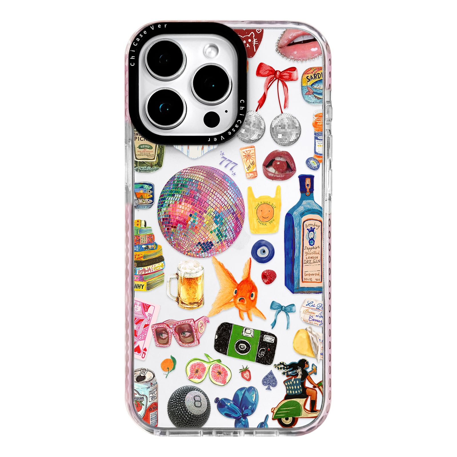 for iPhone 15 Case, Retro Party Collage Pattern with Disco & Gin, Military-Grade Drop Protection, Cute Soft Slim TPU Protective Cover with Camera Protection for Women & Girls
