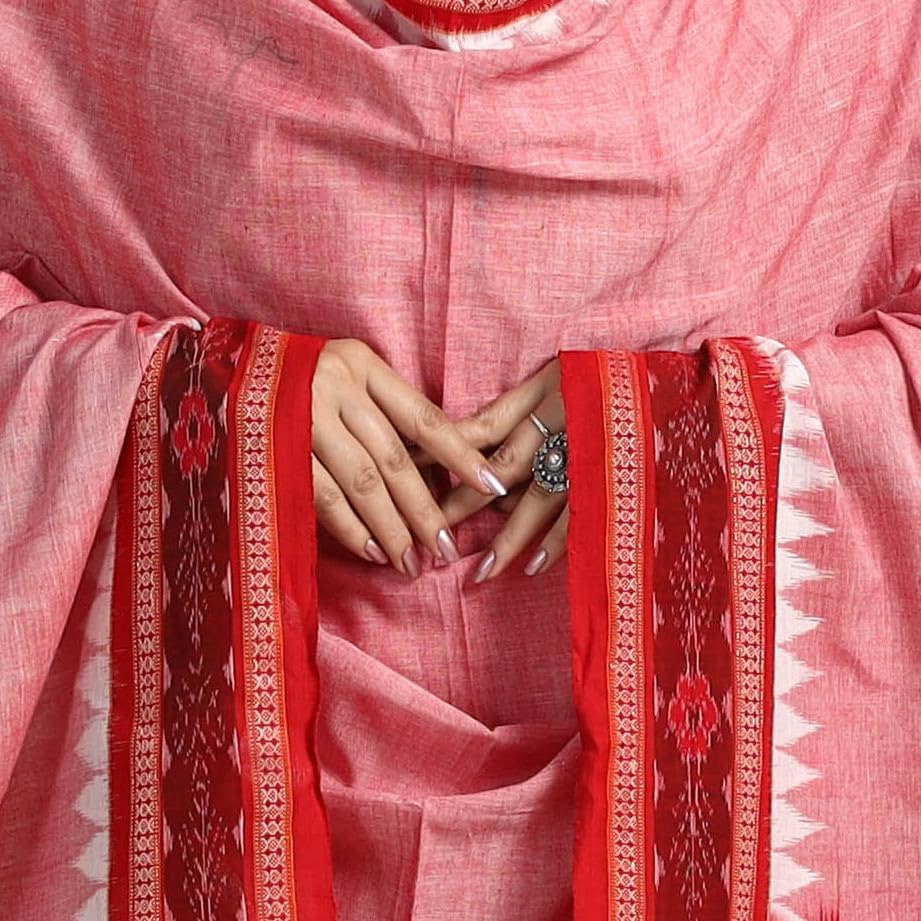 Image of Cotton Dupatta with weaving and Ikat woven border from the Weavers Stole for Girls & Women