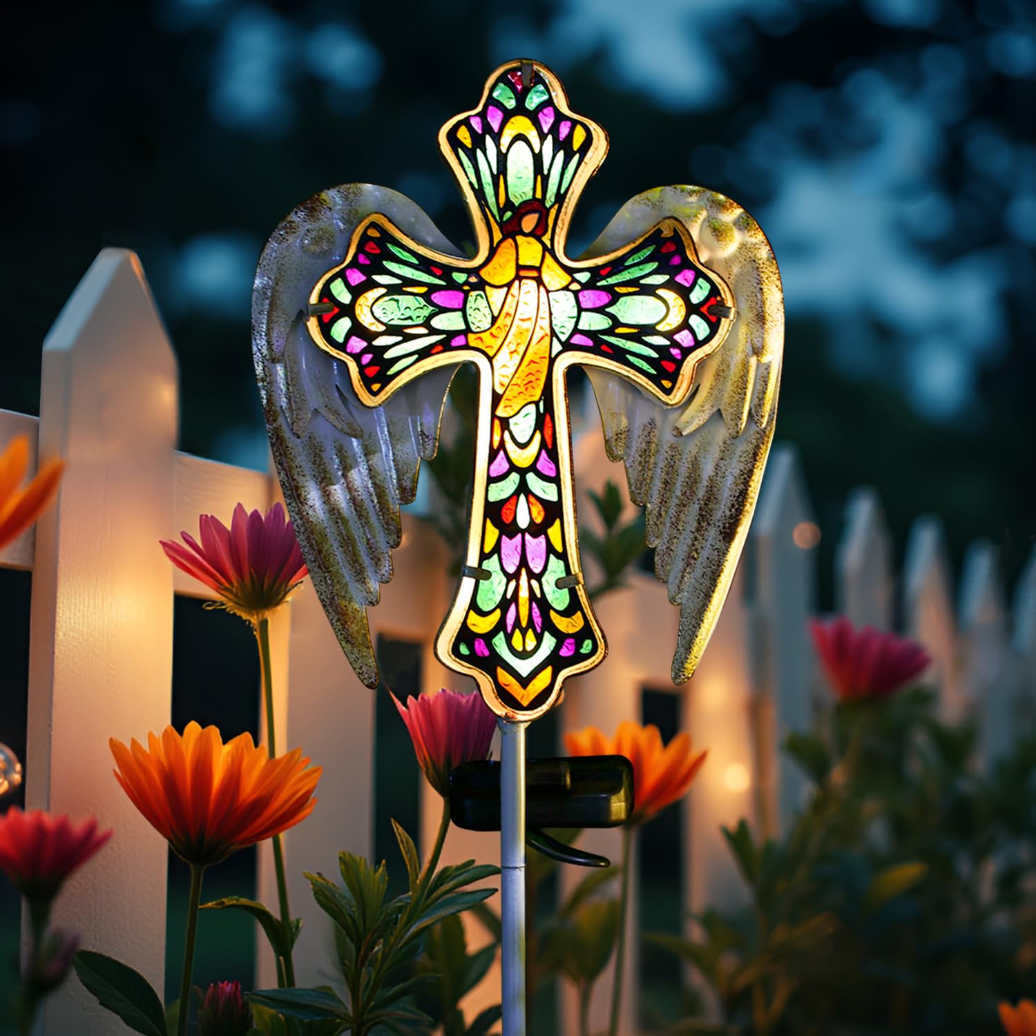 TEDOF Solar Glass Cross Stake Lights, Outdoor Garden Lights,Cemetery Decorations for Grave,Jesus Cross Angel Wings Memorial Gifts for Mother,Yard Lawn Garden Patio Christmas Decor