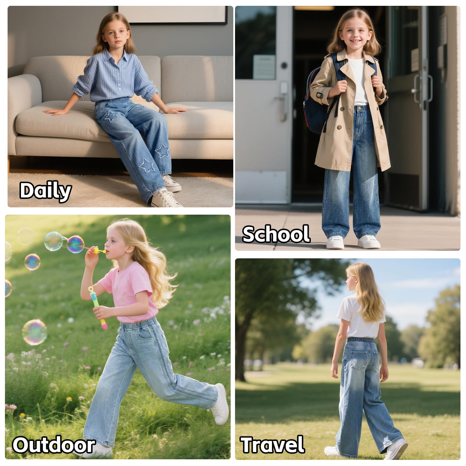 Jeans Filles Baggy Pantalon Jambes Larges avec Taille Élastique Loose Fit Long Denim Jean avec Poches Stretch Décontracté Bleu Denim Pants Casual Mode Streetwear Pant pour Enfants 7-15 Ans