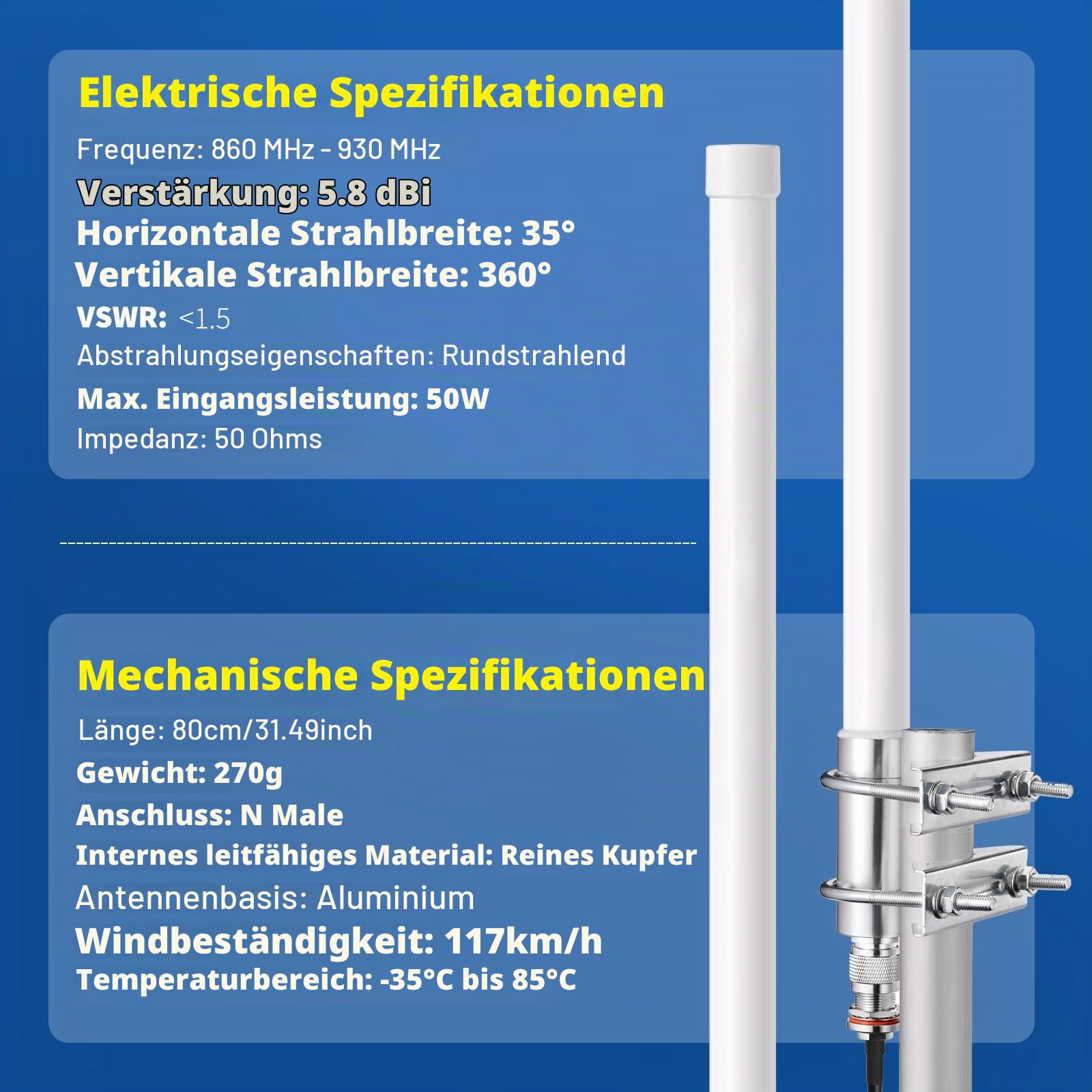 Bingfu 868 MHz LoRa Fiberglas Antenne 5.8 dBi N-Male Outdoor Set