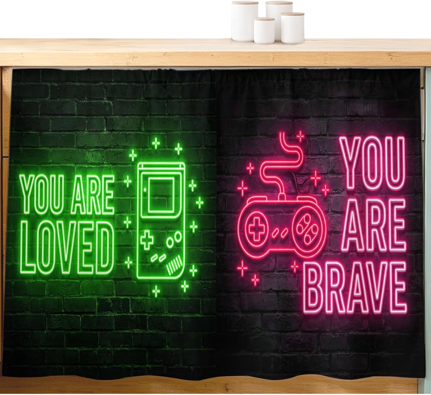 Under Sink Cabinet Curtain 28''W x 35''L,Neon Video Game Storage Cover Curtains,Cartoon Funny Colorful Text Gaming Brick Self Adhesive Cabinet Skirt for Kitchen/Bathroom Vanity/Laundry Room/Open Shelf
