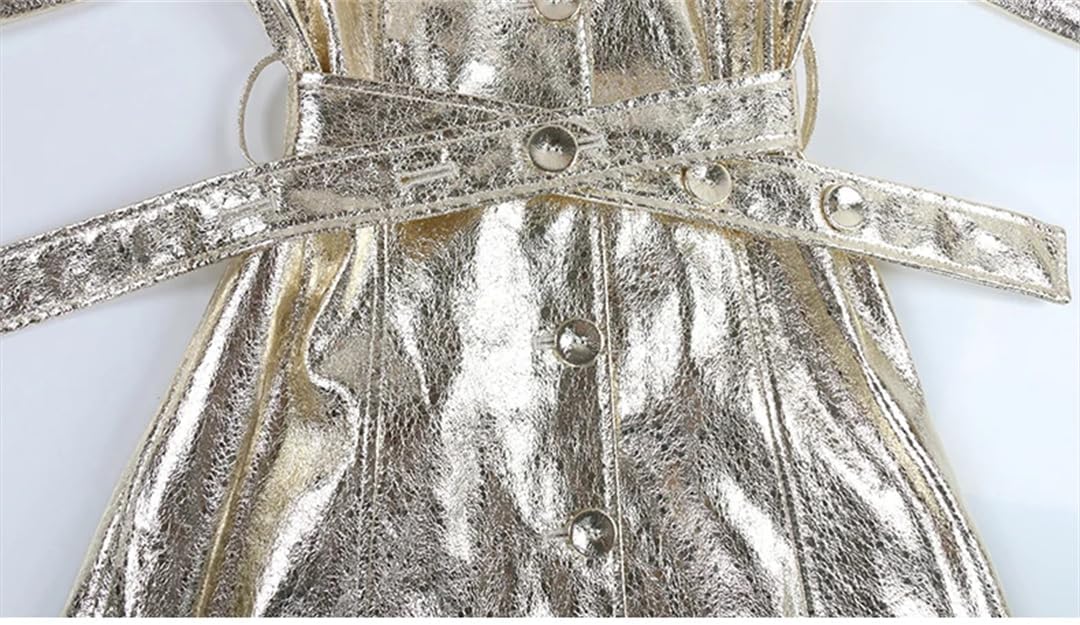 Women Autumn Vintage Maxi Silver Shiny Patent Faux Leather Coat Hooded Slim Fit Pockets Jacket