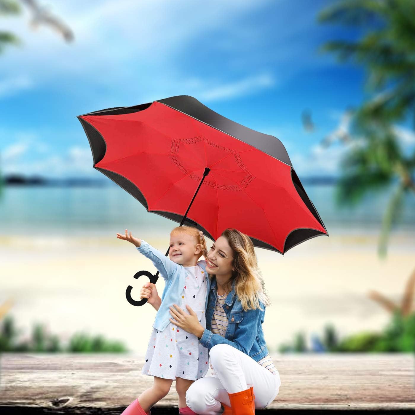 SIEPASA Auto-Open Reverse Umbrella, Umbrella Windproof, Inverted Umbrella, Umbrellas for Women with UV Protection, Upside Down Umbrella with Safe Reflective Stripe(Red)