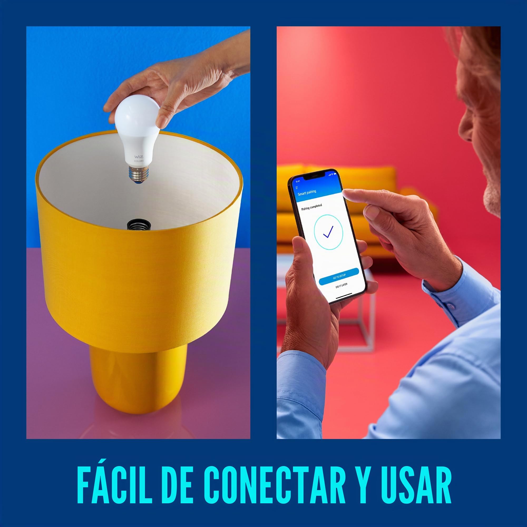 WiZ Pack de 2 bombillas con mando a distancia - Luz de color y blanca - Bombilla LED inteligente -E27-60 W - Conecta a Wi-Fi - Fácil de controlar, con tecnología SpaceSense