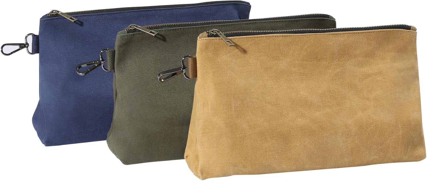 Waxed Canvas Tool Pouch, Heavy Duty Tool Bag with Smooth Zipper & Multipurpose Pouch Tote Bag with Carabiner