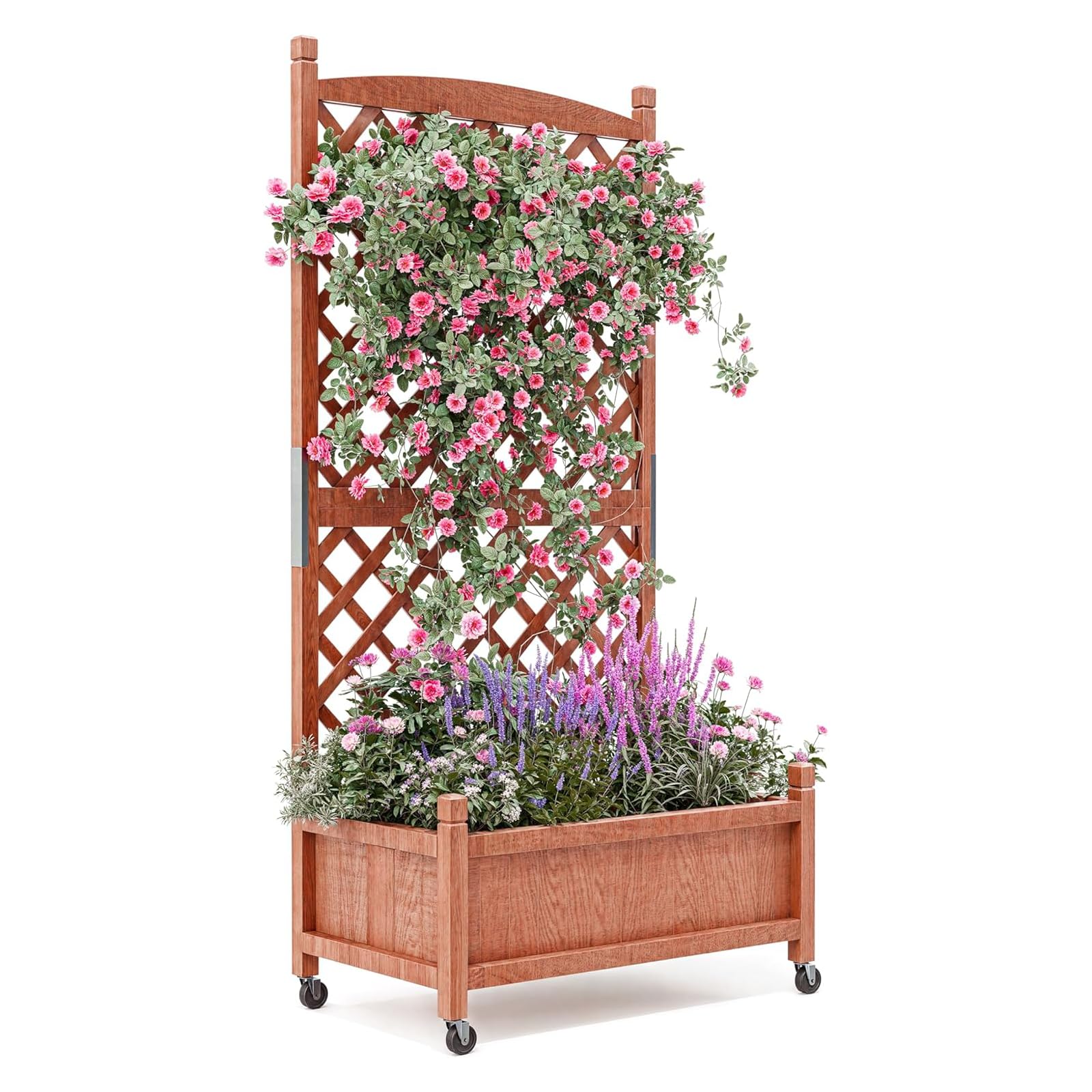 GarveeMore Wood Planter Box with Tall Trellis & Wheels – Raised Garden Bed with Drainage, Vertical Lattice Planter for Climbing Plants, Flowers, Outdoor Privacy Screen – 1PCS