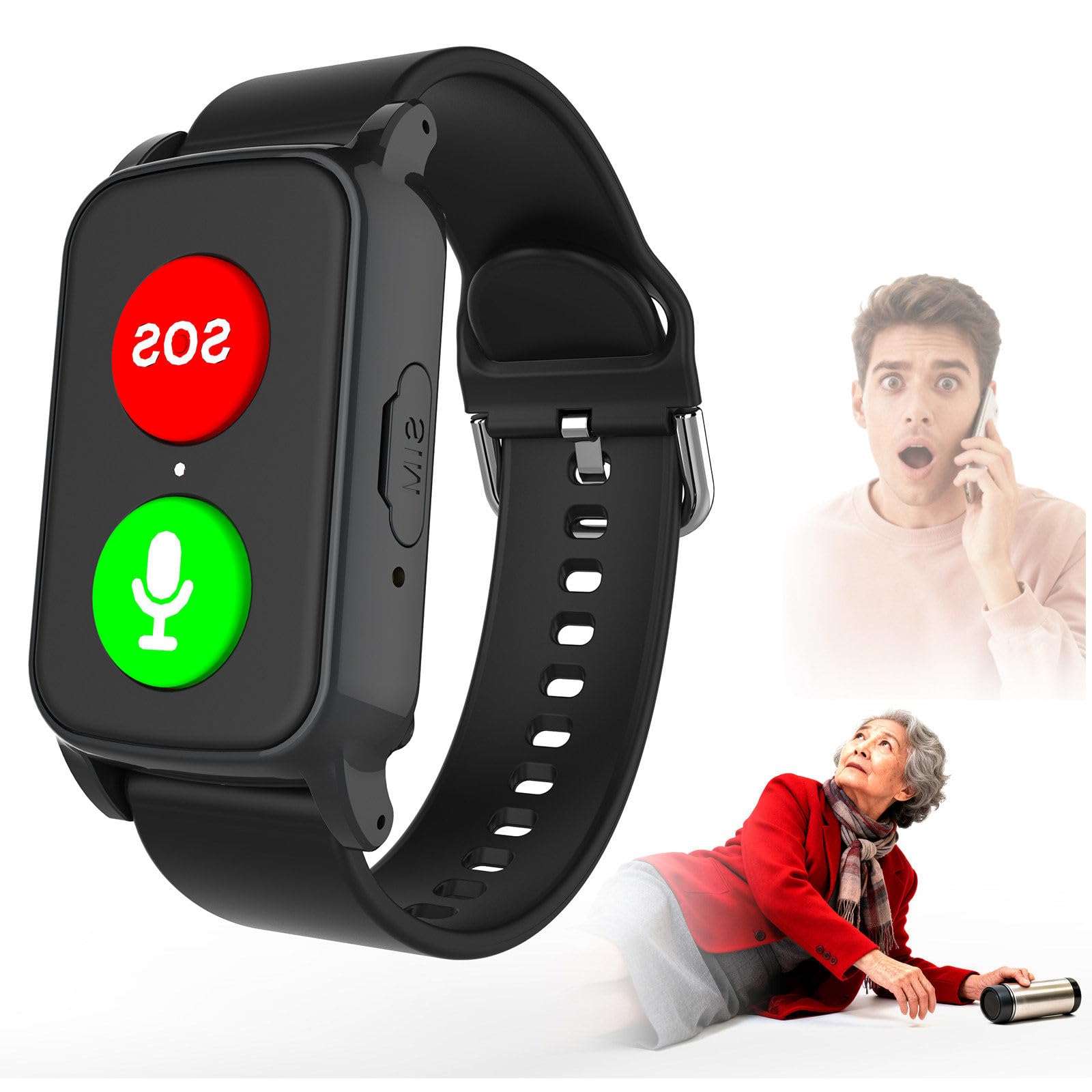 Montre Anti-Chute pour Seniors - Alarme personnelle - Haut-Parleur HD Haute qualité - Communication bidirectionnelle - Étanche - Suivi de santé Black