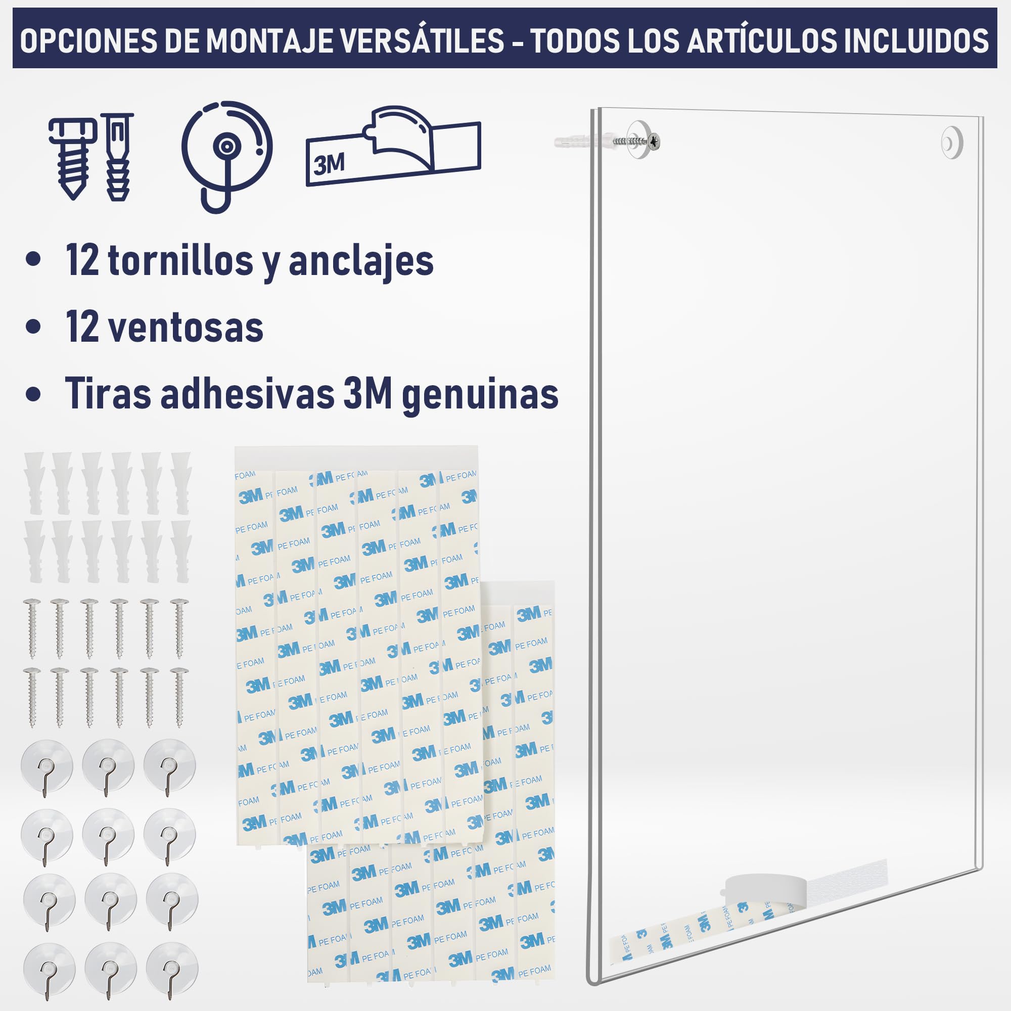 Soporte de letrero acrílico A4 – 6 Unidades, Portapapeles de marco transparente con múltiples opciones de montaje incluidas, soporte de pared para carteles, tablero de mensajes de plástico