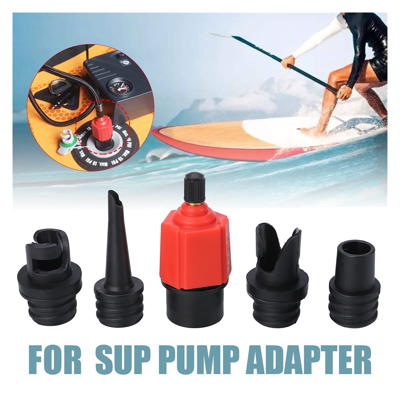 Bomba de aire eléctrica 4 boquillas Adaptador de bomba Sup Adaptadores de válvula de aire para botes inflables Tabla de remo de pie Accesorios de surf para kayak para botes inflables y tablas de rem