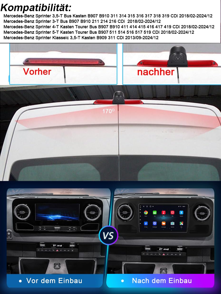 10 Zoll GPS Navi Navigationsgerät für Auto, LKW PKW,Carplay & Android Auto Tragbares Autoradio+Bremslicht Rückfahrkamera Ersatz für Mercedes-Benz Sprinter 3,5-T Bus Kasten B907 B910