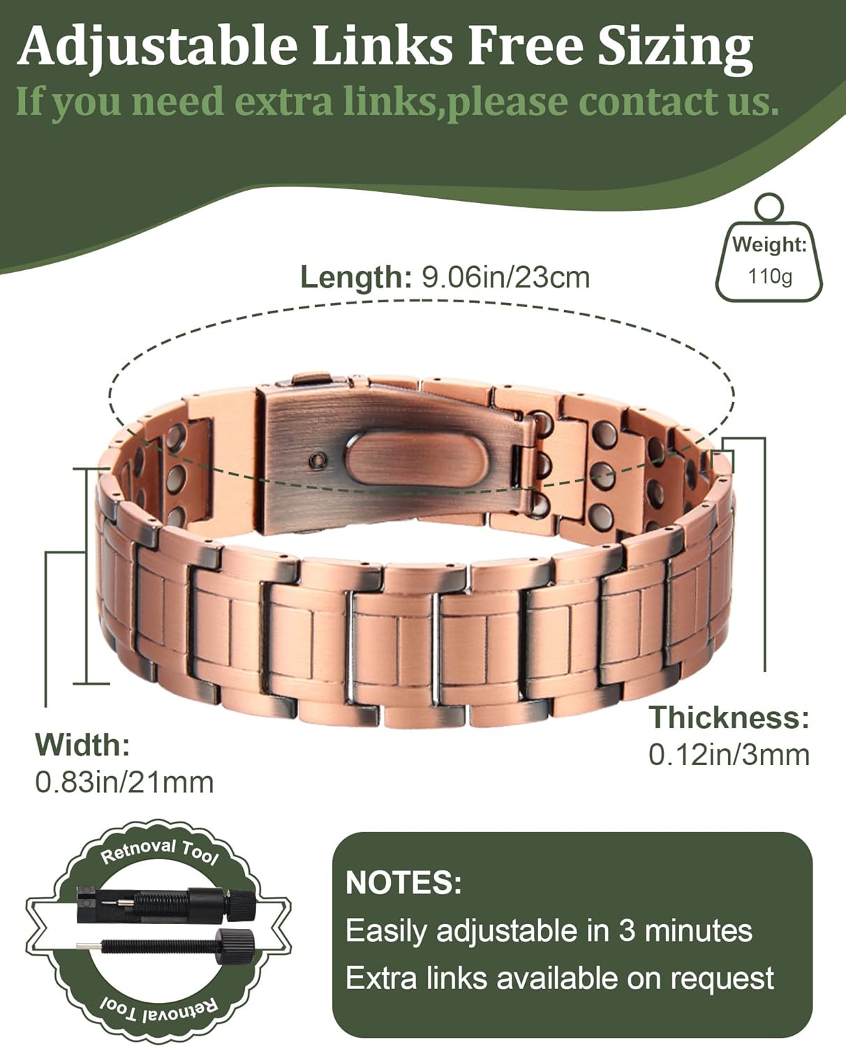 Copper Bracelet for Men, 3X Strength 99.99% Pure Copper Bracelet Magnetic Jewelry with Powerful Magnets, Adjustable with Sizing Tool and Gift Box - Image 4