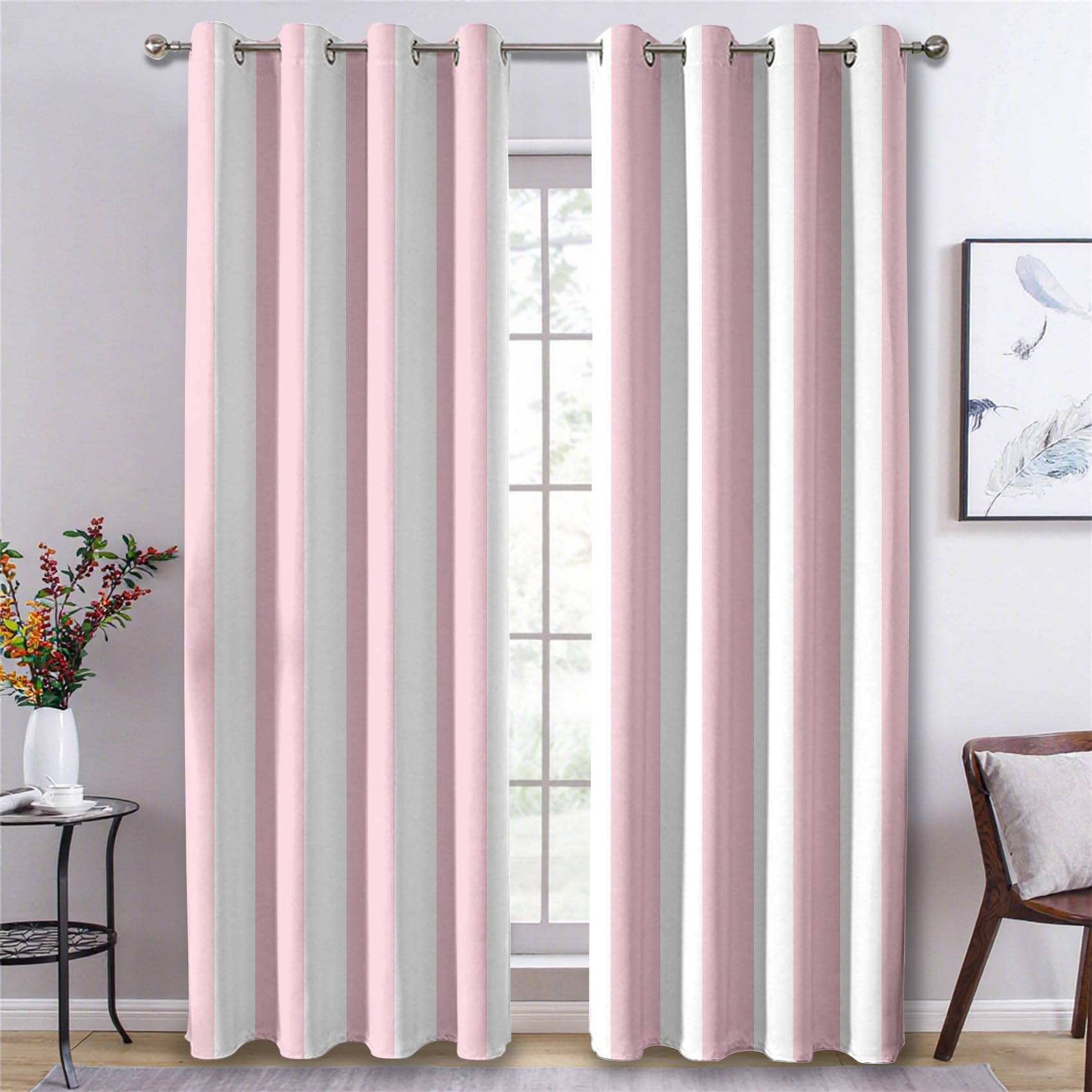 Vertical Stripes Curtains for Bedroom, Pink White Stripes Blackout Curtains for Living Room, 63 Drop Eyelet Window Treatments Home Decor 52 X 63 Inch (W X L), 2 Panels X&-62