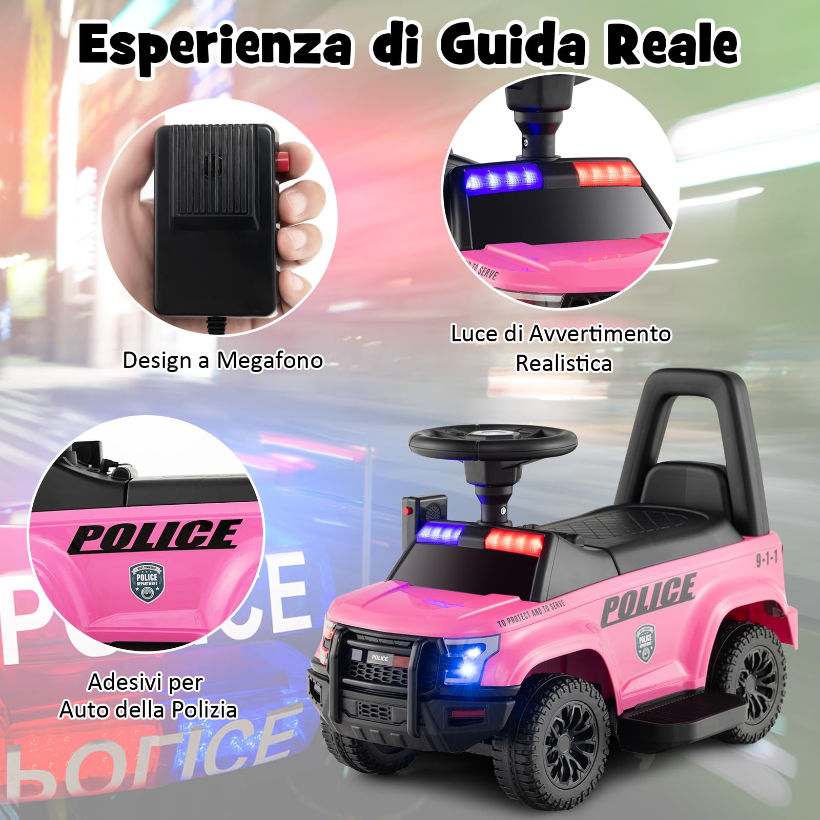 COSTWAY Auto Elettrica per Bambini, Auto della Polizia Giocattolo con Clacson Luce di Avvertimento e Suono della Sirena, Velocità 3 km/h, per Bambini 18-60 Mesi (Rosa)