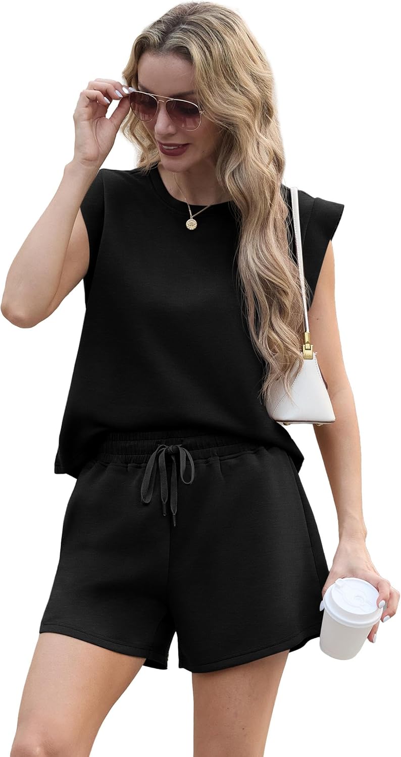 GRECERELLE 2026 Women's Summer 2 Piece Outfits Round Neck Cap Sleeve Top with Pocket Short Sets - Image 3