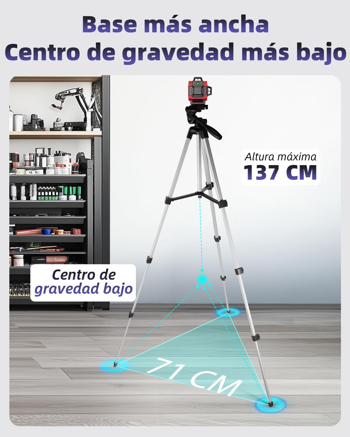Trípode de Aluminio Ligero para Nivel Láser, 137 cm de Altura Ajustable, 0.54 kg, con Nivel de Burbuja y Placa Rápida 1/4"-20, para Construcción y Bricolaje
