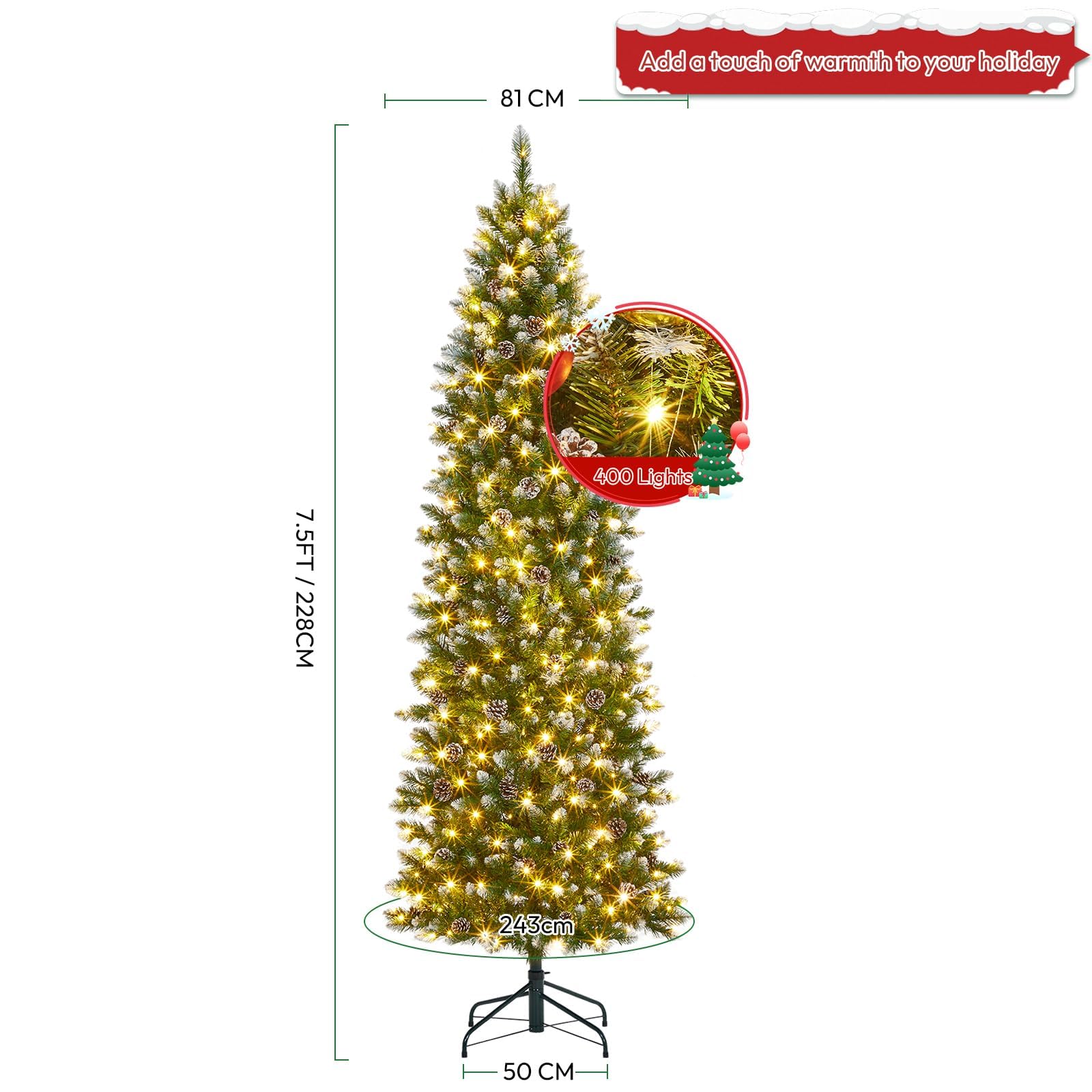 Árbol de Navidad artificial estrecho de 230 cm con iluminación, árbol de Navidad preiluminado, lápiz artificial con conos, agujas y blanco cálido, 350 LED, aprox. 1000 puntas