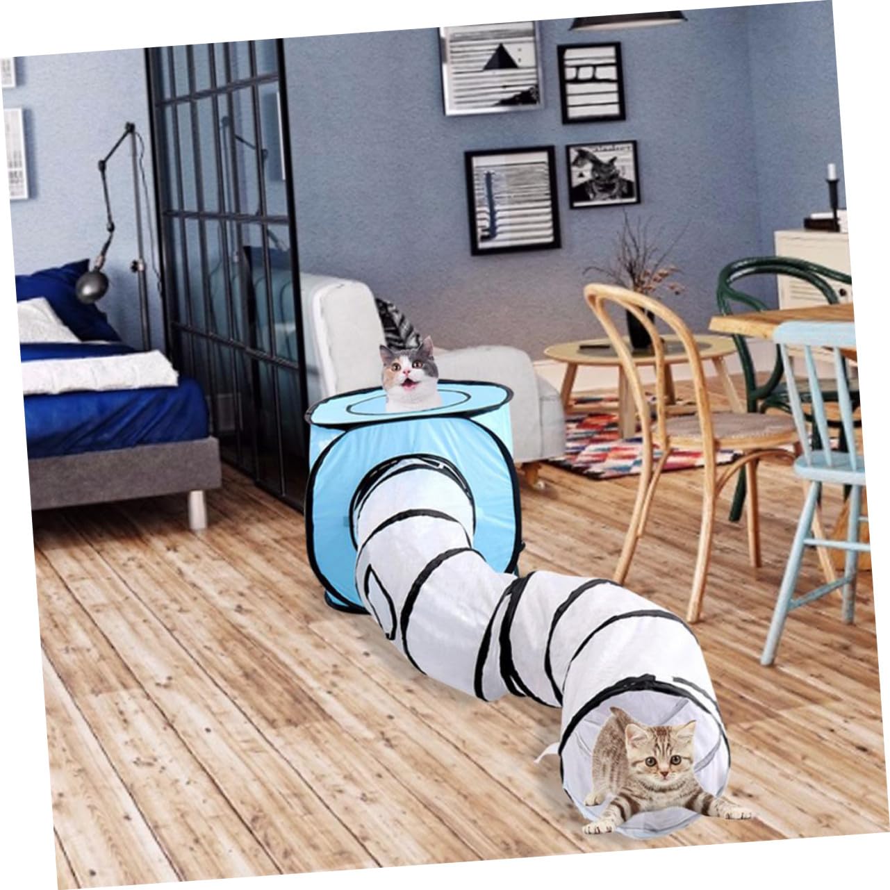POPETPOP Tunnel Jouet Interactif Pliable de S Bleu pour Chats, Tissu Léger, Taille S, Jeu Intérieur, Adapté aux Chats Domestiques et Petits Félins