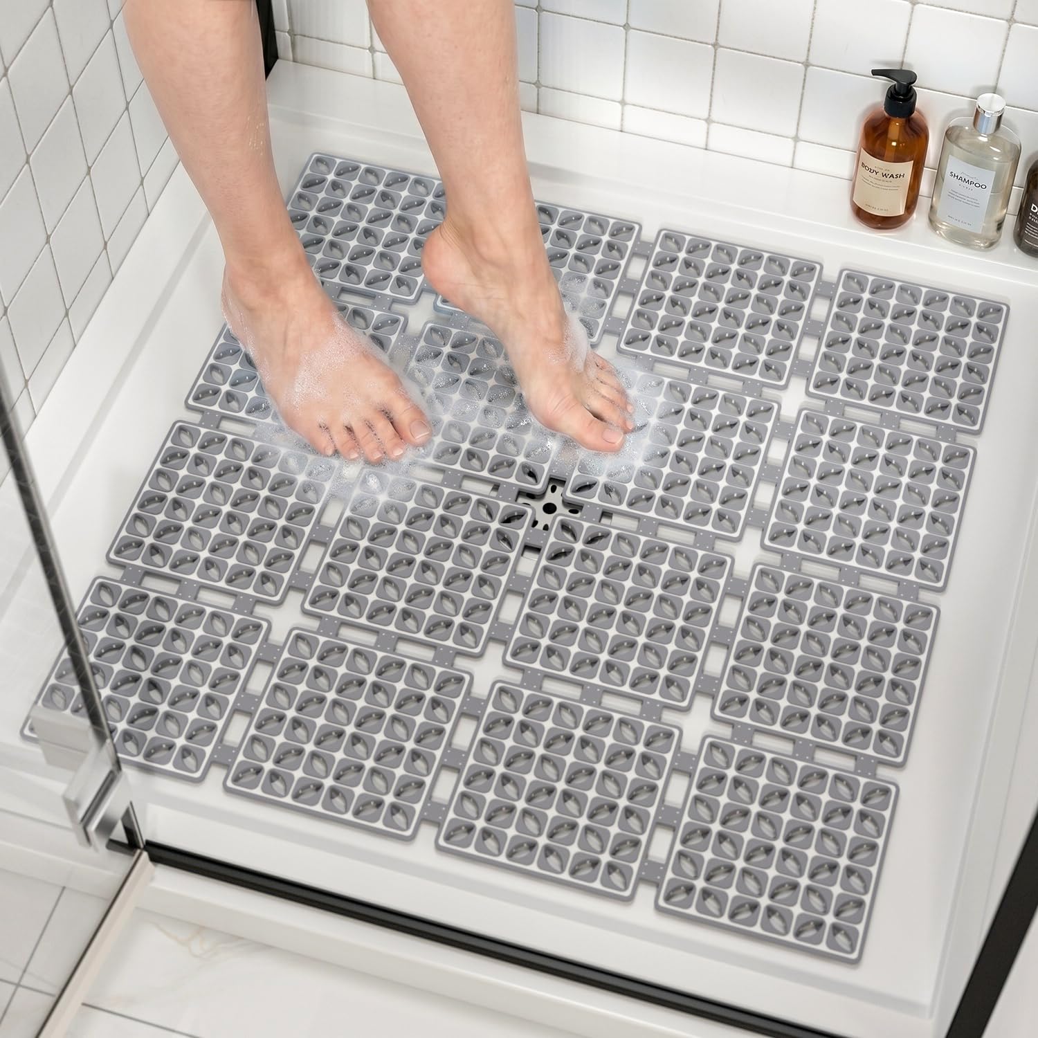 HITSLAM Square Shower Mat Non Slip Anti Mould, 60 x 60 cm Cut to Fit No Odor Soft TPE Bath Mat with Suction Cups and Drain Holes, Quick Drying Shower Mat for Inside Shower, Dark Grey
