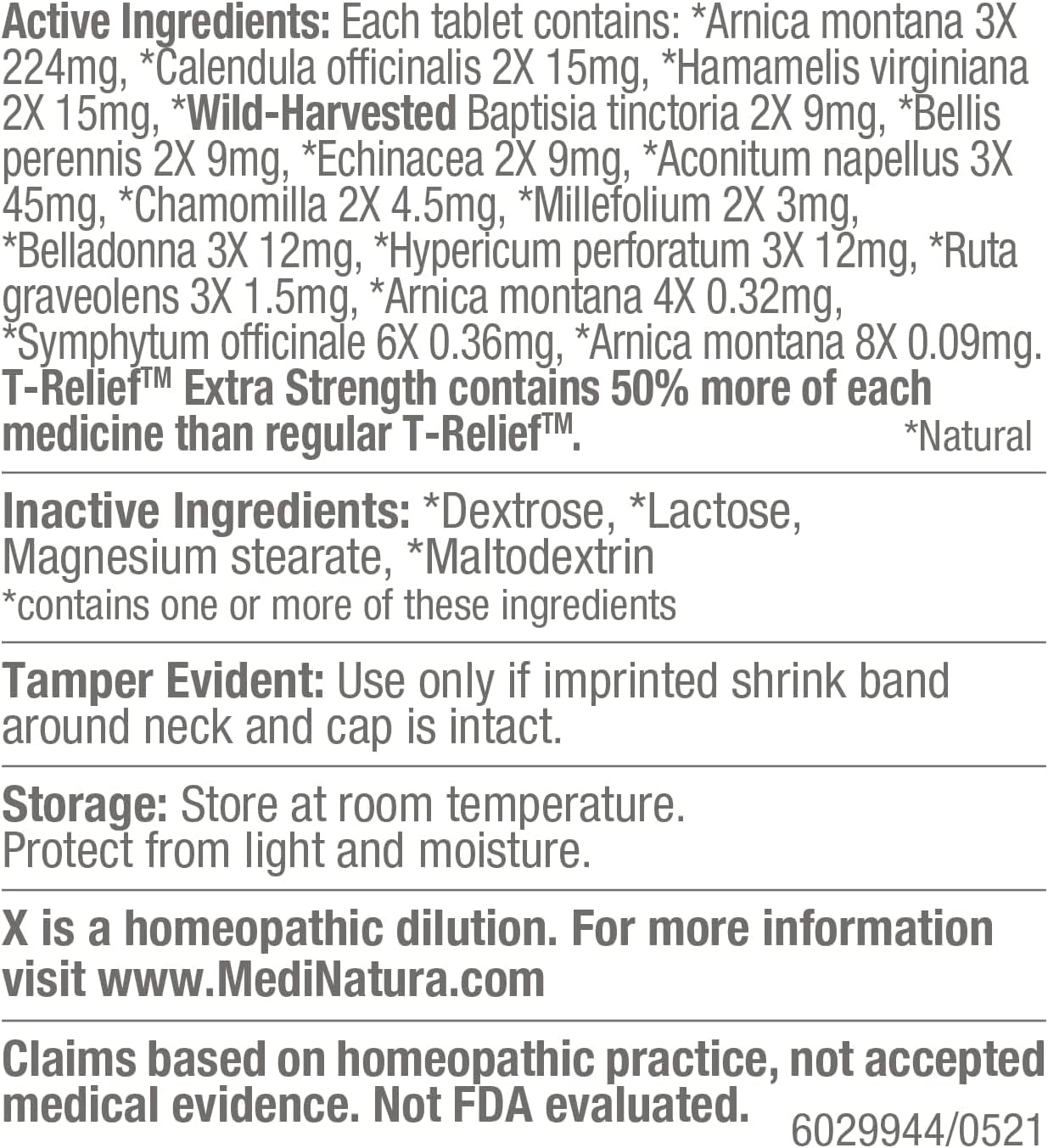 MediNatura T-Relief Extra Strength Arnica +12 Natural Homeopathic Actives for Joint Muscle Aches Pains & Soreness for Women & Men - 250 Tablets
