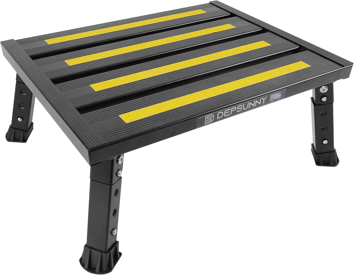 Adjustable RV Step Stool, Wide Platform, Foldable Legs, Black | 3 Height Settings, 1,000-lb Capacity, Aluminum Frame, Non-Slip Rubber Feet, Portable Step for Camper Stairs and Trailers