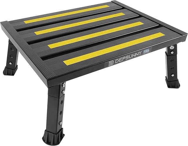 DEPSUNNY Adjustable Height Aluminum RV Step, Stable Foldable Platform Step Stool, Supports Up to 1,000 lb, Non-Slip Rubber Feet and Platform Mat, Easy to Carry (Black)