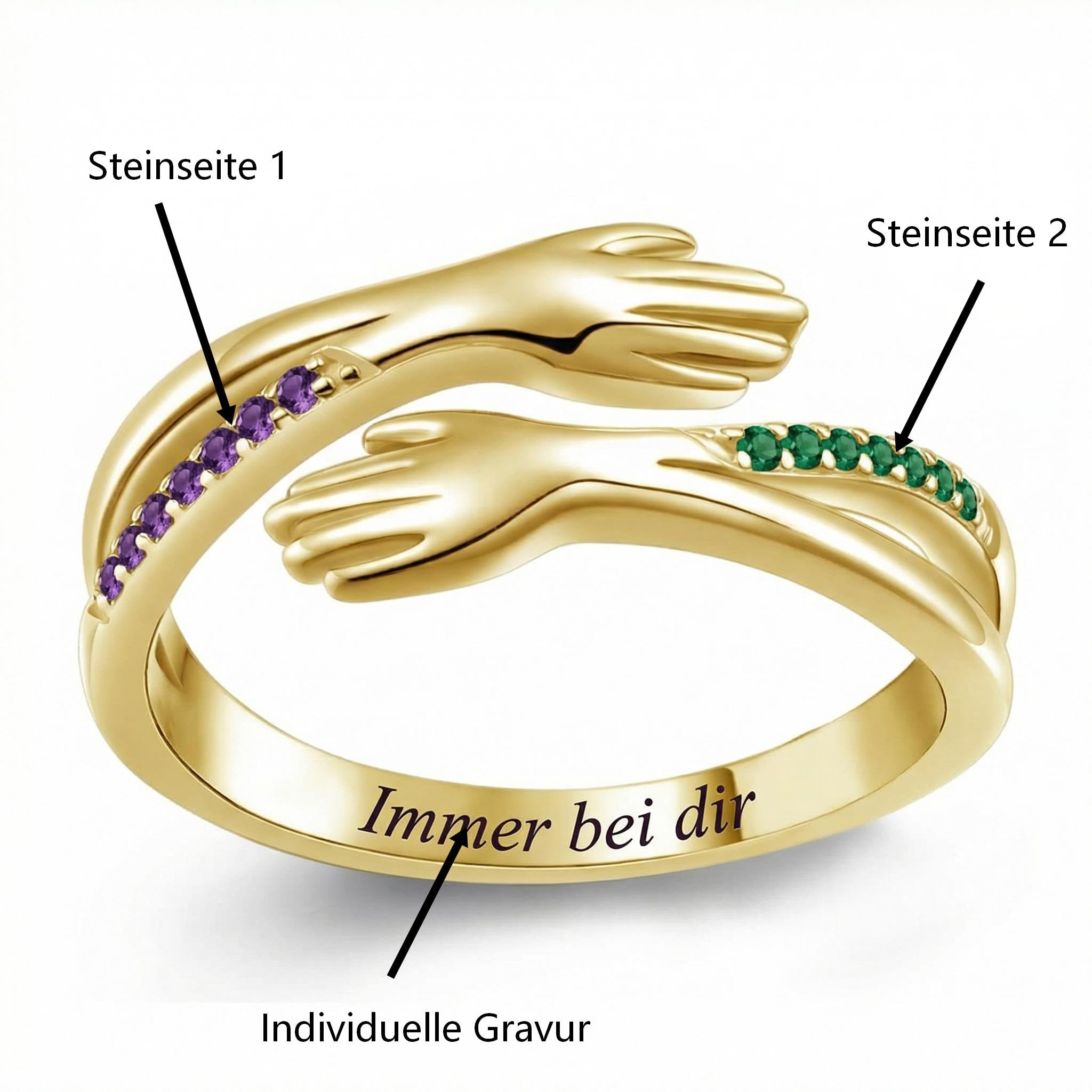 925 Sterlingsilber 10K 14K 18K Echtgold Umarmungsringe für Damen Personalisiert Geburtsstein Inspirierend Ermutigend Umarmende Hände Offener Ring für Damen Herren Personalisierter Schmuck Muttertagsge