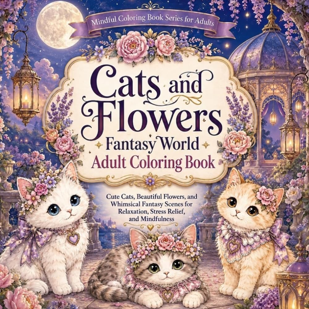 Title: Cats and Flowers Fantasy World Adult Coloring Book: Subtitle: Cute Cats, Beautiful Flowers, and Whimsical Fantasy Scenes for Relaxation, Stress ... Mindful Coloring Book Series for Adults)