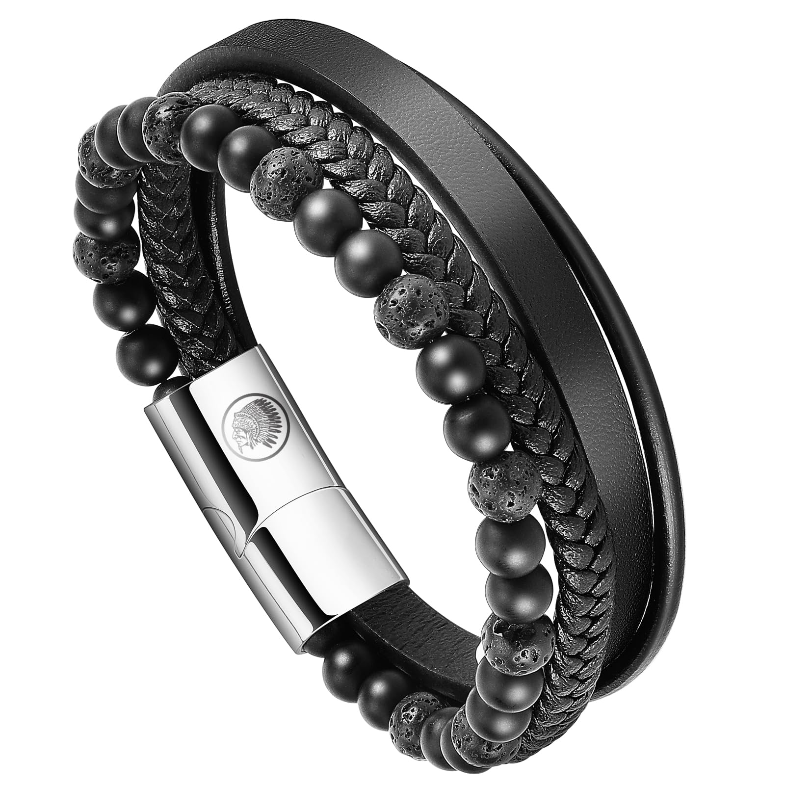 Casisto.JPulsera Cuero Hombre - Pulsera Trenzada Hecha a Mano clásica en Negro y marrón y Azul con Cierre magnético Grabado Joyas Gratis en Caja