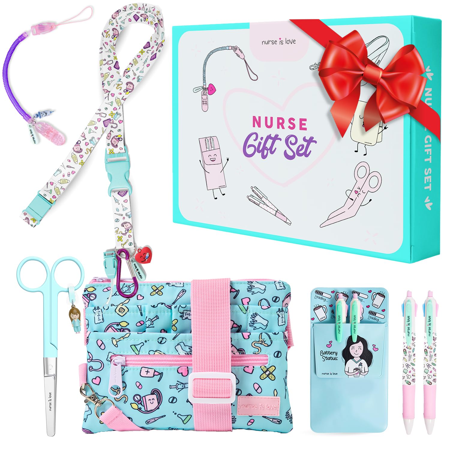 Sac banane infirmière aqua avec ciseaux mayo et pochette stylos