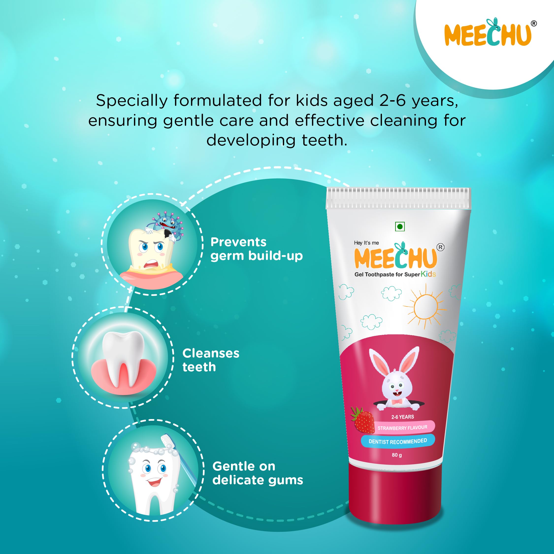 Meechu Kids Toothpaste Bubblegum & Strawberry Flavour 80Gm | Contains 550ppm Fluoride for Cavity Protection | Strengthens Tooth Enamel | Pack of 2 1