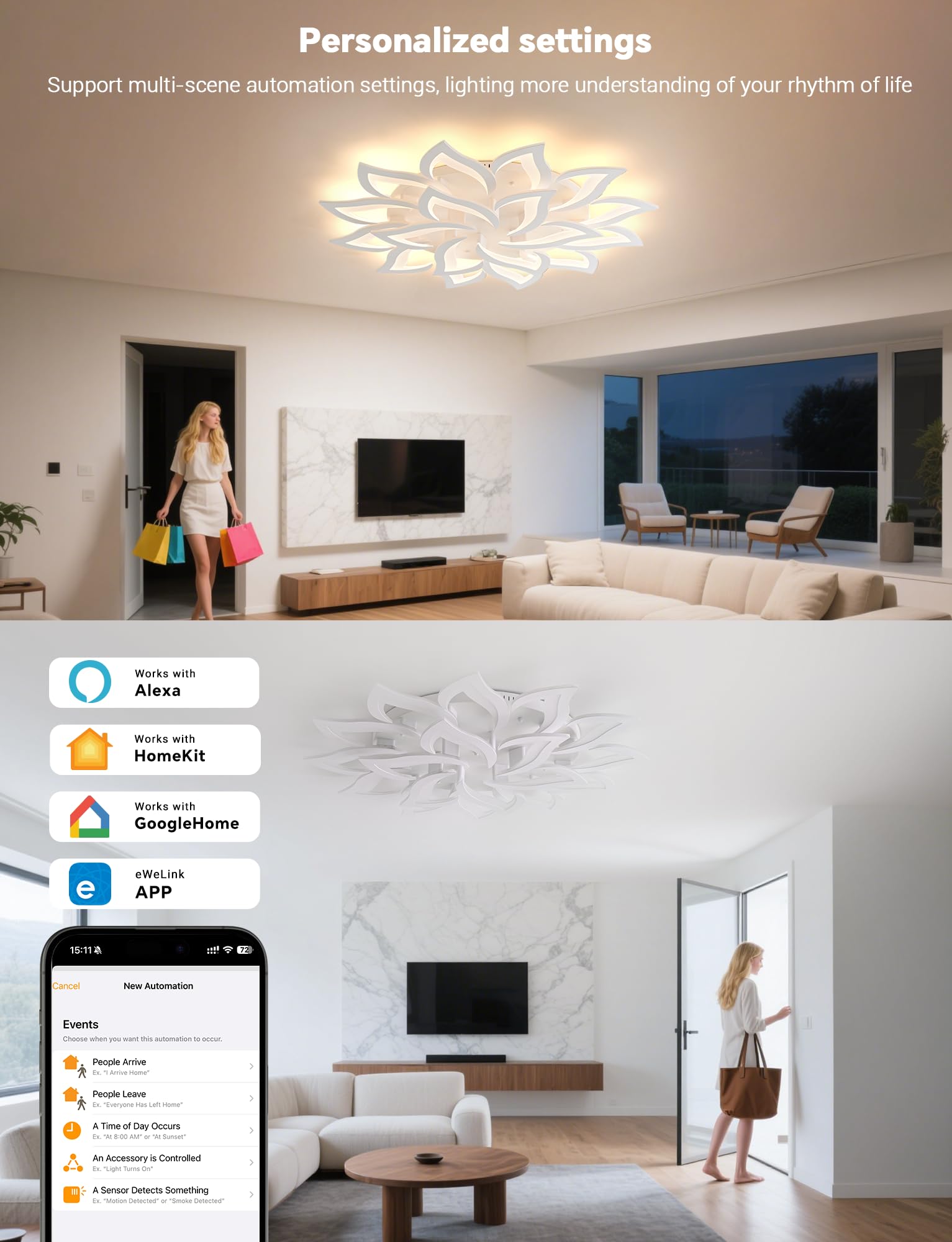 BAYHT Smart LED Deckenleuchte Dimmbar, Kompatibel Mit eWeLink App, Blumen Deckenlampe für Wohnzimmer Schlafzimmer, Moderne Lampe Decke Beleuchtung, Großer Kronleuchter 18 Heads/Ø100cm/84W