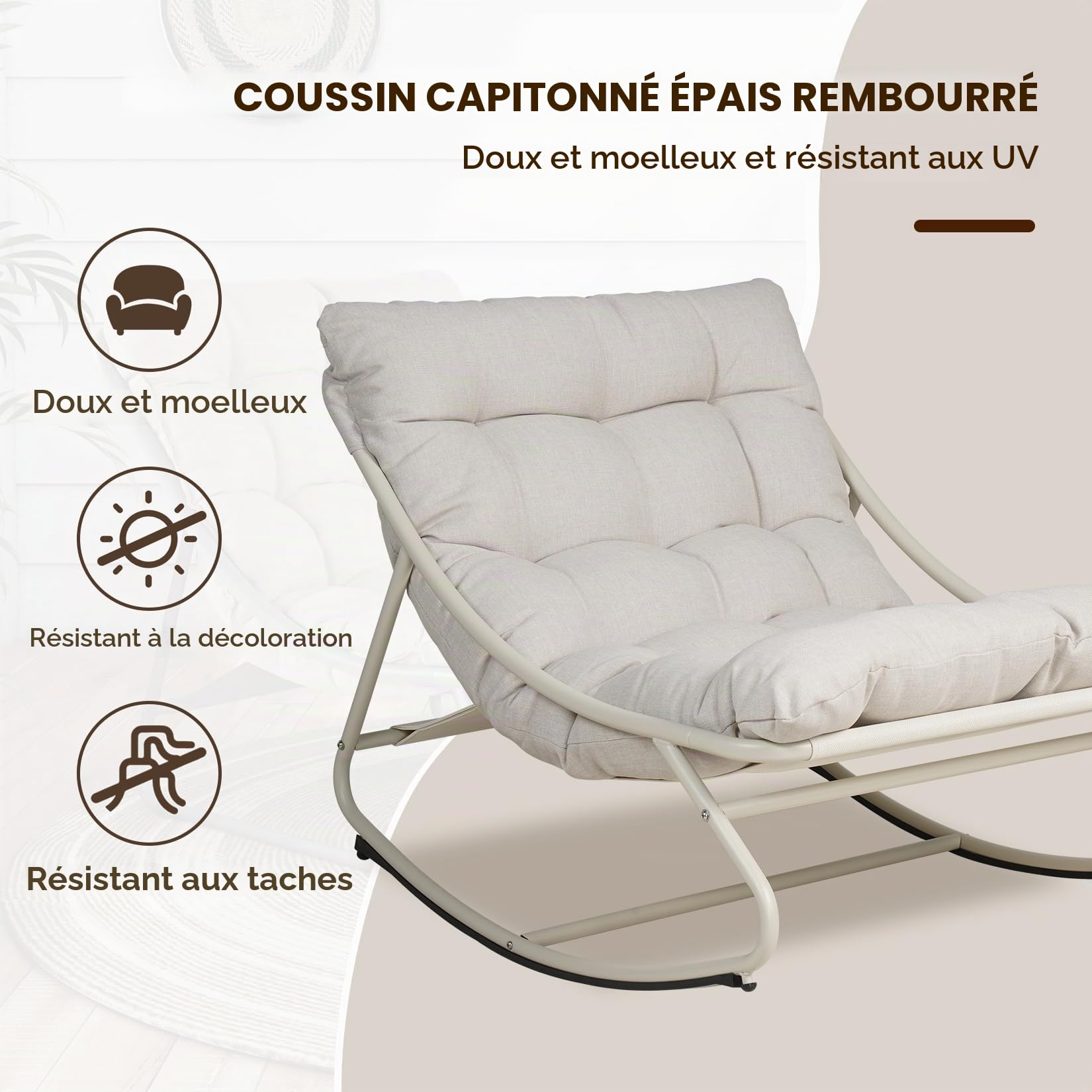 Grand patio Fauteuil à Bascule d’Extérieur avec Coussin – Chaise Relax Ergonomique en Métal, Résistante aux Intempéries, pour Jardin, Terrasse, Balcon & Salon, Jusqu’à 150 kg –Blanc Cassé