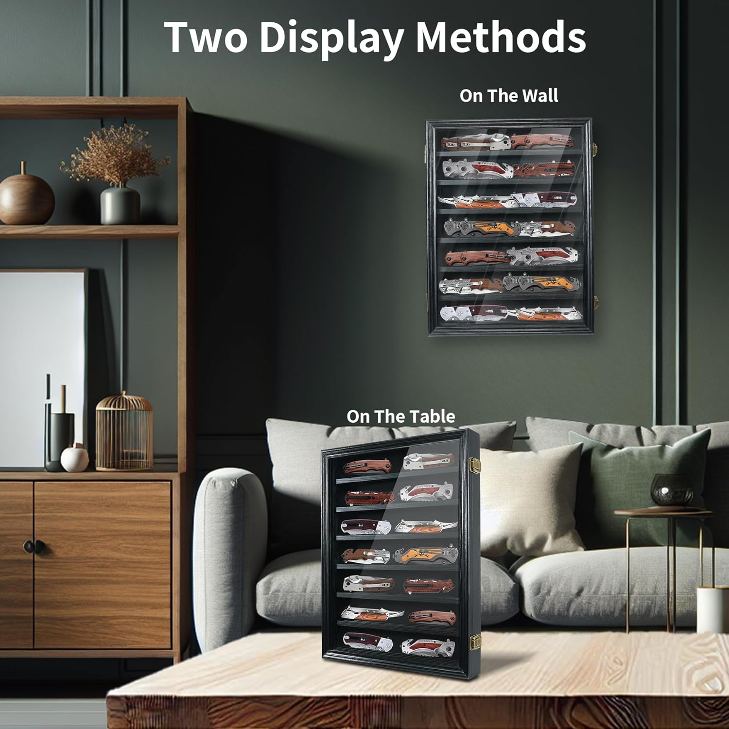 Knife Display Case for Collections, Pocket Knife Display Case with HD Tempered Glass, Lockable Storage Cases with Removable Shelves, Wall-Mounted 7-Layer Wood Cabinet, Black