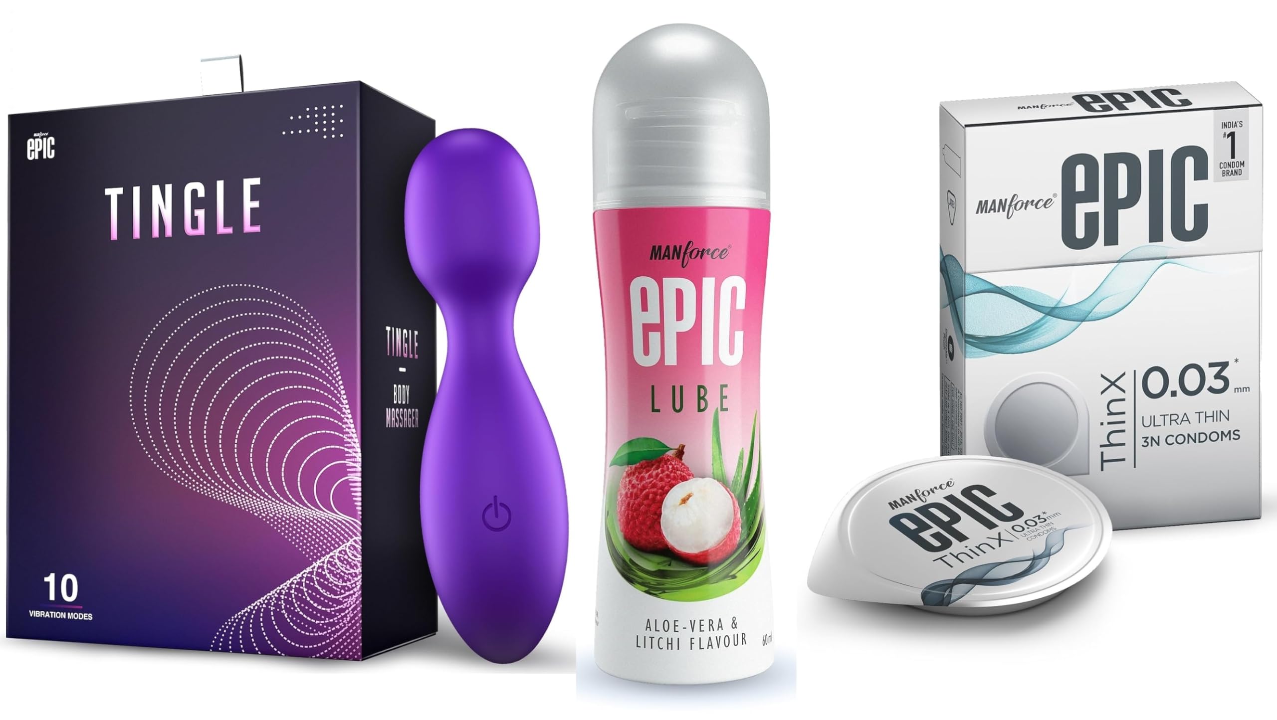 Manforce Epic Tingle Massager | 10 Vibration Modes,Epic Lube | Aloe Vera & Litchi | 60ml | Water-based & Epic ThinX | Ultra Thin Condoms with Easy Peel Pack | 3 Pcs-image-21