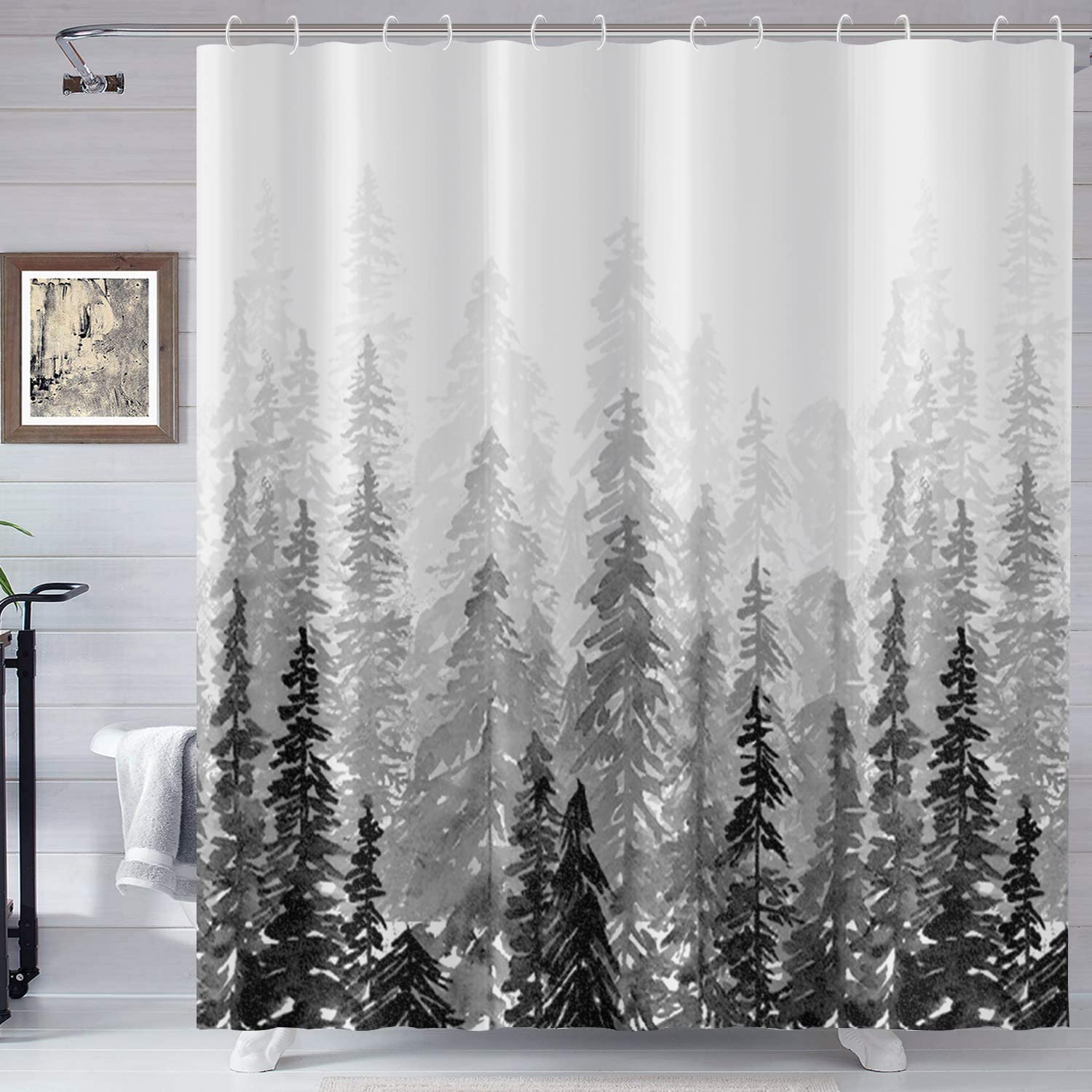 Forest Mountain Duschvorhang, 183x190 Cm – Schwarz-weiß Naturdesign, Wasserdichtes Polyester