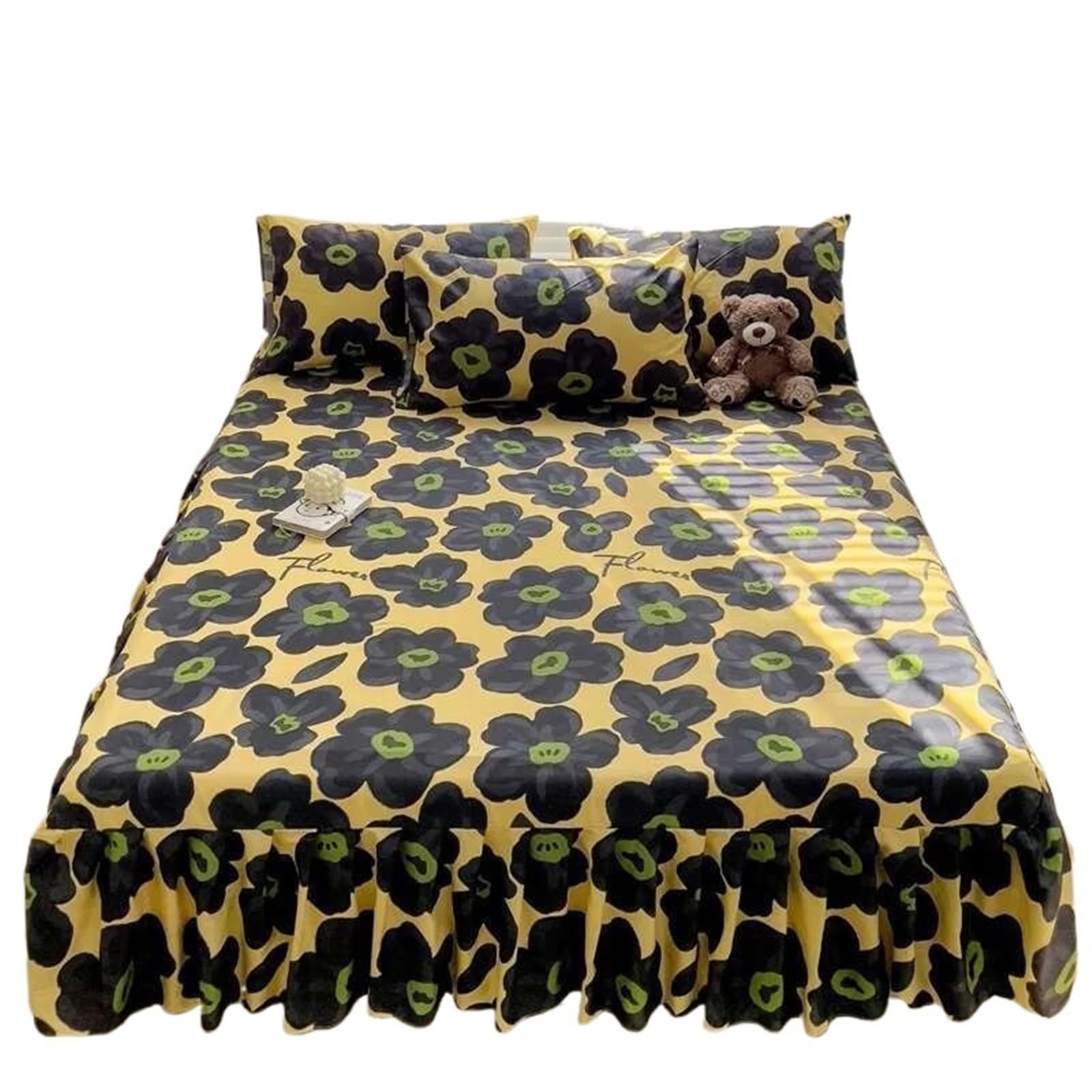 Floral Bed Skirt - Printed Brushed, Ruffled Non-Slip Bedspread With Pillowcase (Queen/King)(Colro-07,180x200cm 3pcs Set)