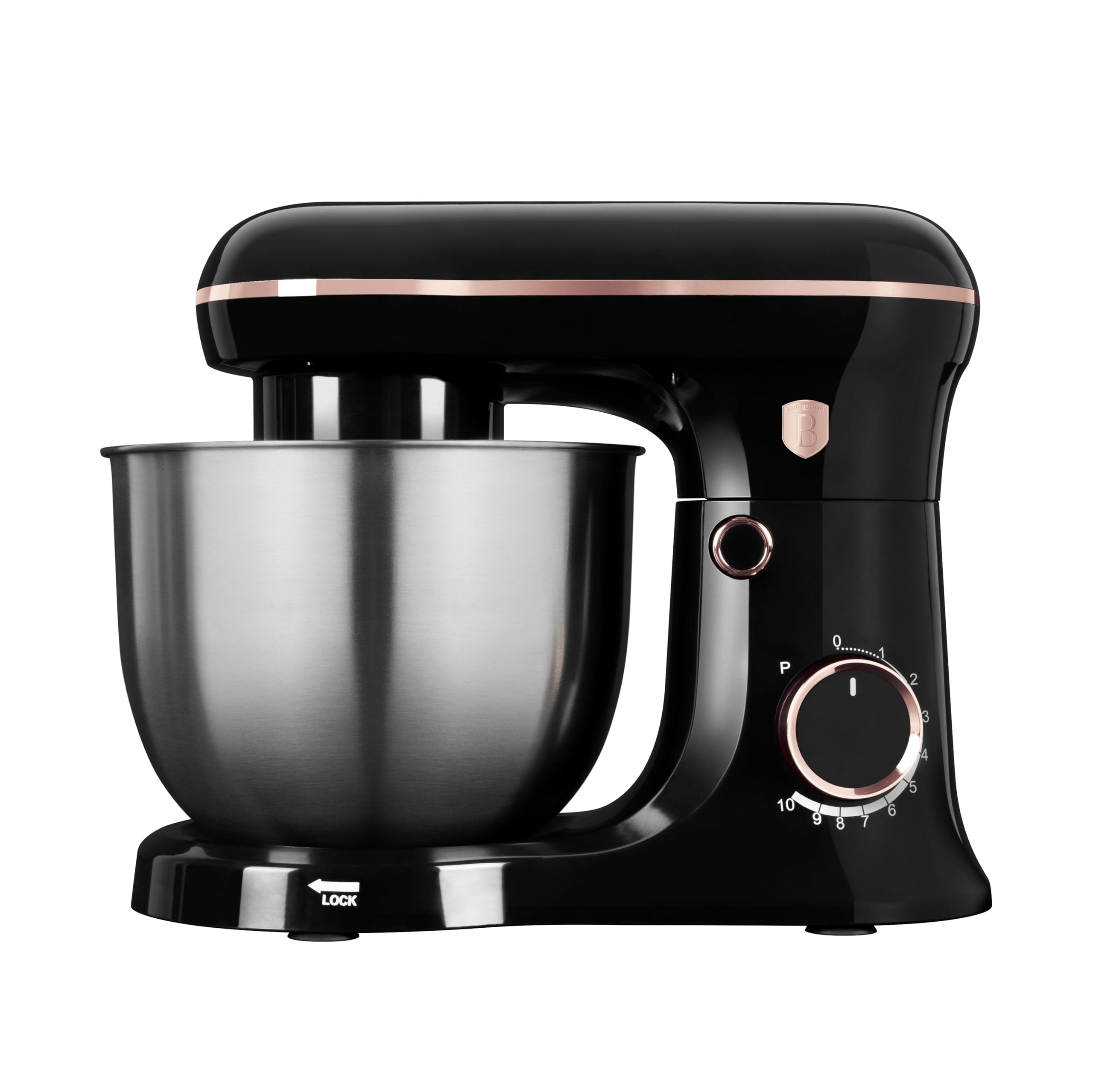 Berlinger Haus Batidora de Cocina 1500W, 10 Velocidades, Tazón de Acero Inoxidable 5L, Gancho y Batidor Antiadherente, Motor Silencioso, Diseño Elegante Negro/Rosa Oro