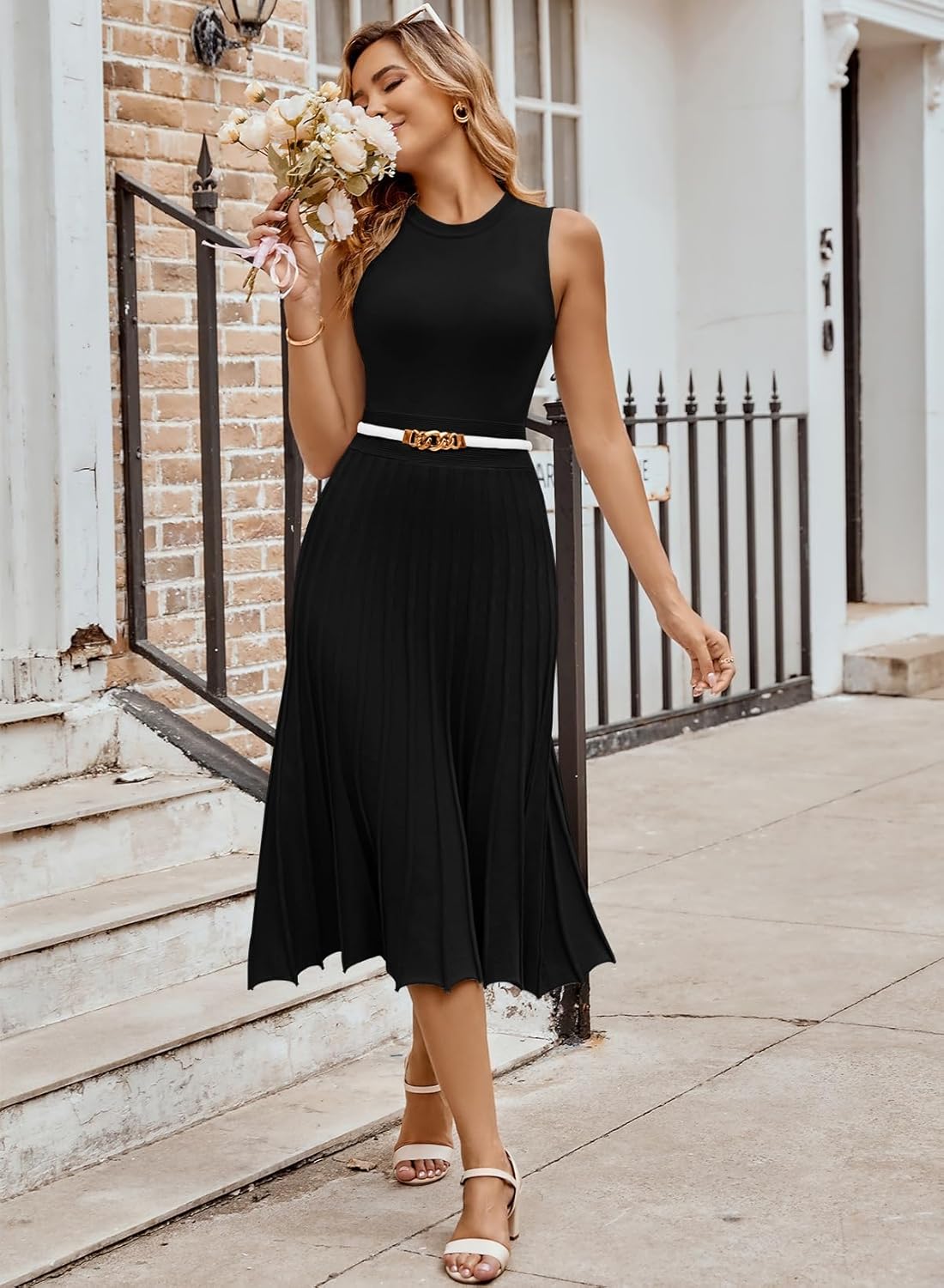 Pink Queen Women's Crew Neck Sleeveless High Waisted Bodycon Pleated Ribbed Swing Knit Midi Dresses - Image 4