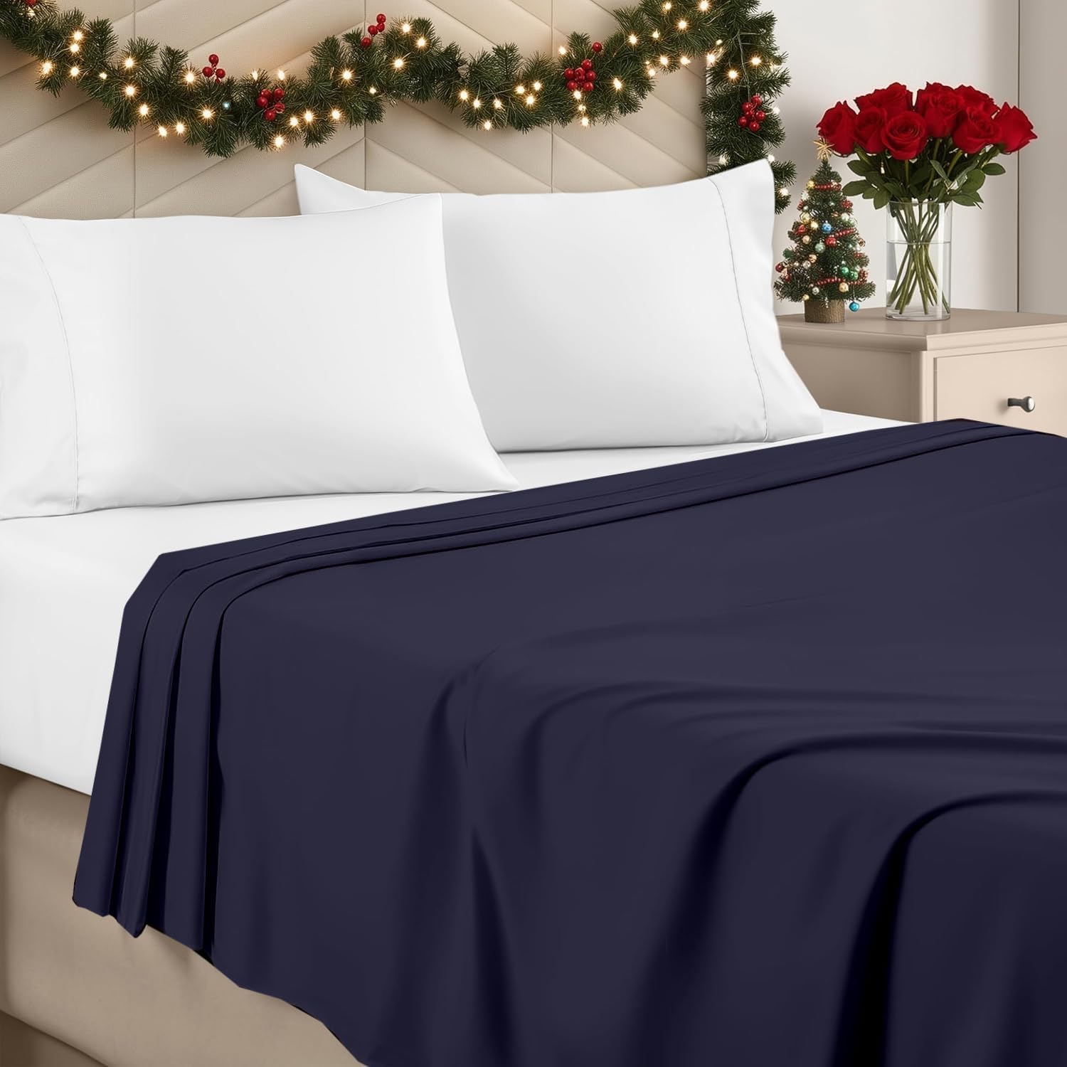 Flat Sheet Only Navy Blue 1000 Thread Count Egyptian Cotton Top Sheet - Texas King - 132 x 110 Inches - Extra Large Flat Sheets Oversize Flat Sheets