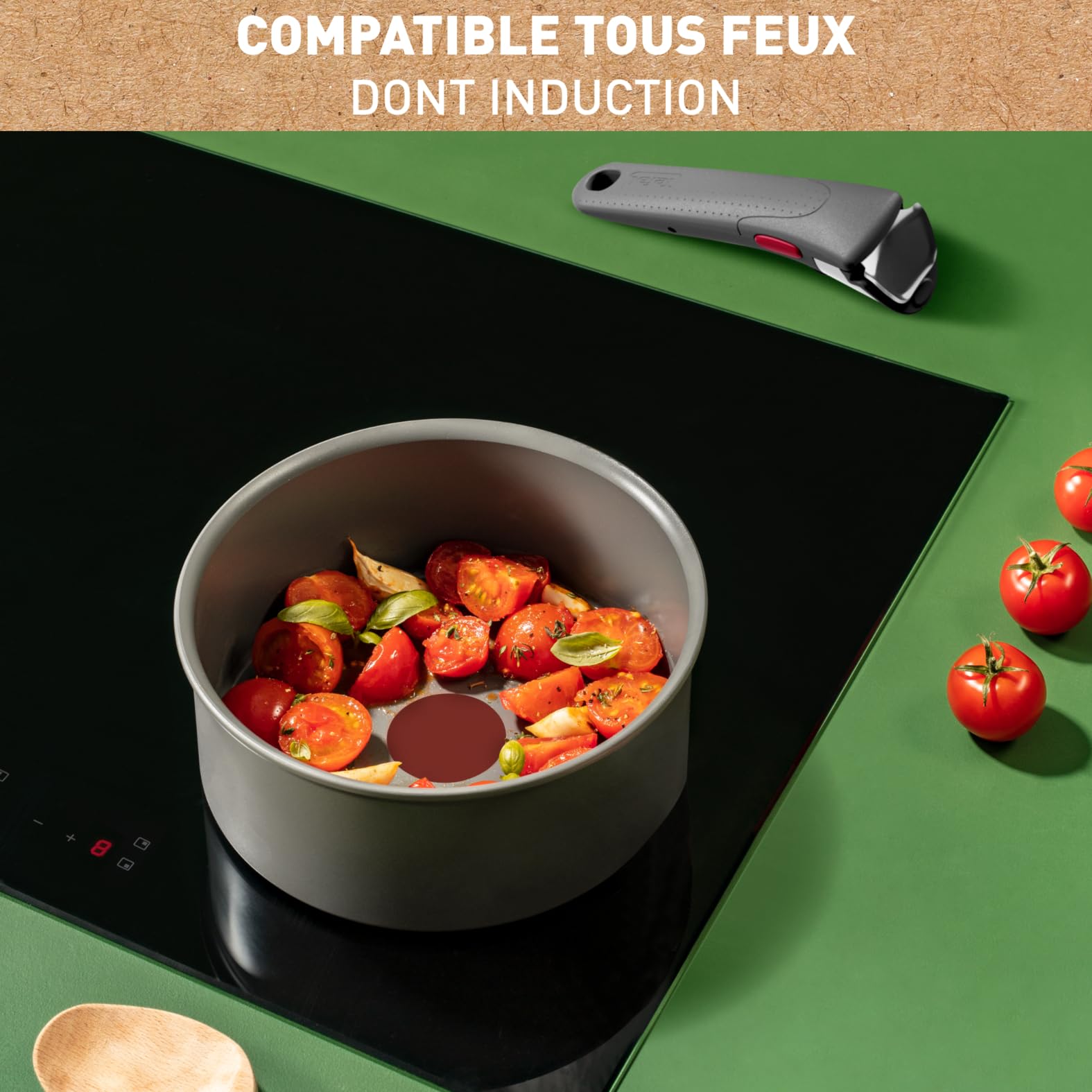 Tefal Ingenio Lot de 4 pièces, Casseroles 16/18/20 cm + poignée amovible gris Hippo Basic, Induction, Revêtement céramique antiadhésif, Recyclé, Fabriqué en France, Renew L2609402