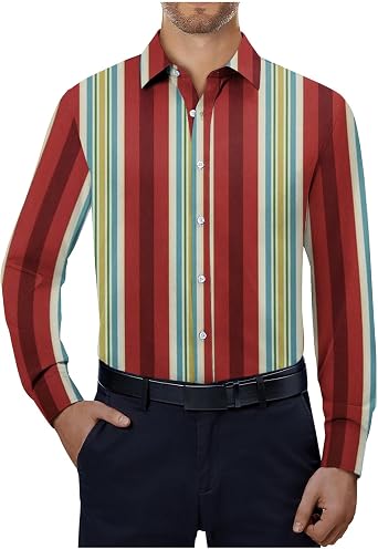 Striped Print Button Down Shirts for Men 2024 Fashion Long Sleeve Collar T-Shirts Casual Stylish Work Tee Tops