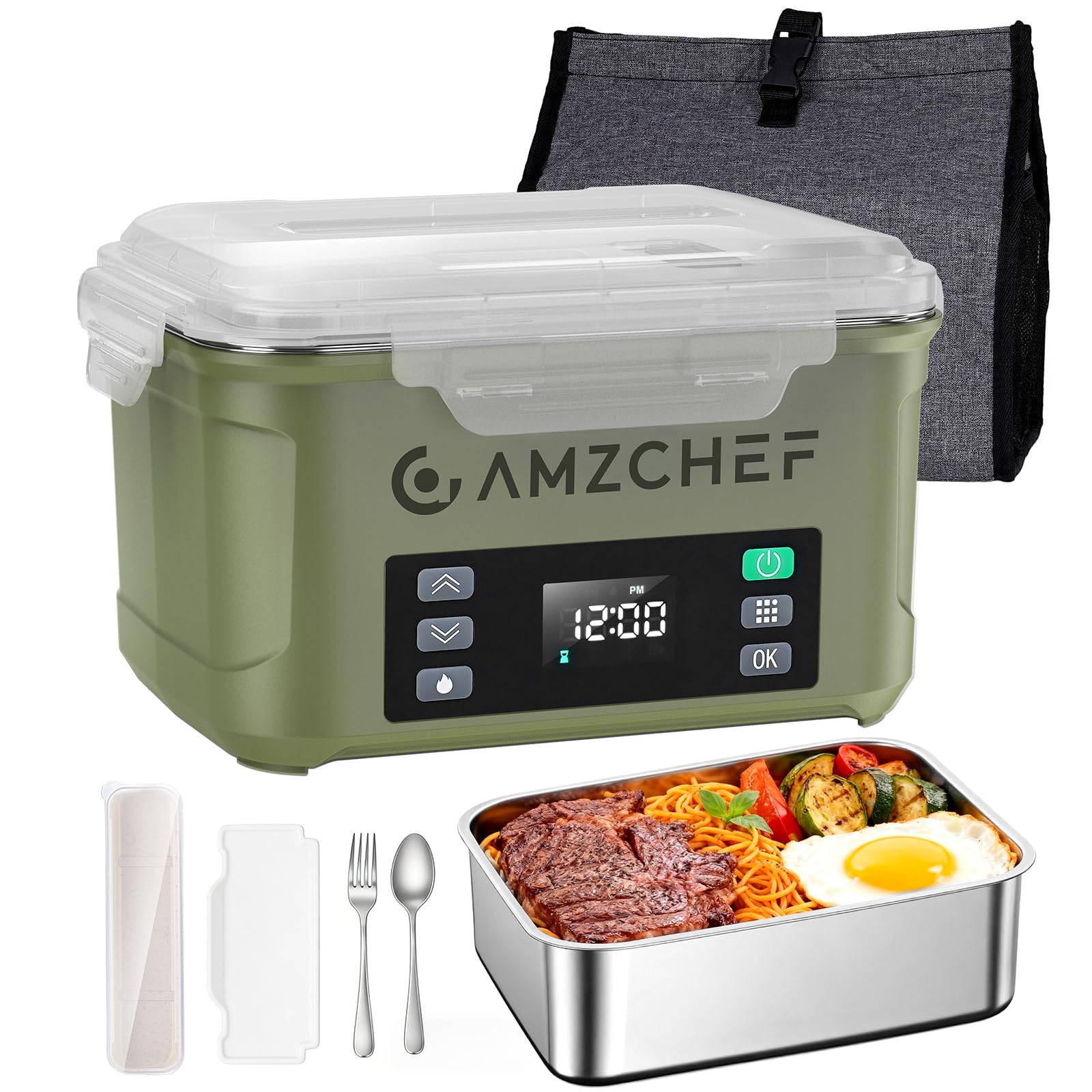 AMZCHEF Fiambrera Electrica de 1,5 L - taper electrico para comida de 27 000 mAh, calentamiento en 5 caras, función de calentamiento instantáneo, con reloj y memoria, recarga rápida (verde) | Fiambrera portátil de 1,5 l con calentamiento instantáneo, func