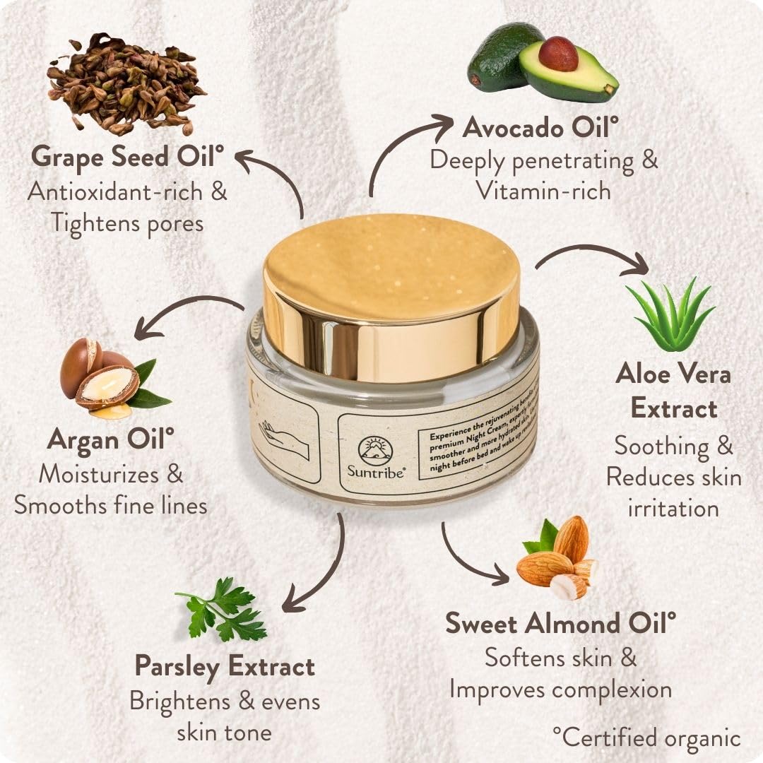 Suntribe Crema da notte biologica con acido ialuronico, retinolo e niacinamide, 50 ml, effetto anti-invecchiamento, 100% naturale, idratante, con olio di argan e aloe vera, non grassa, senza profumi,