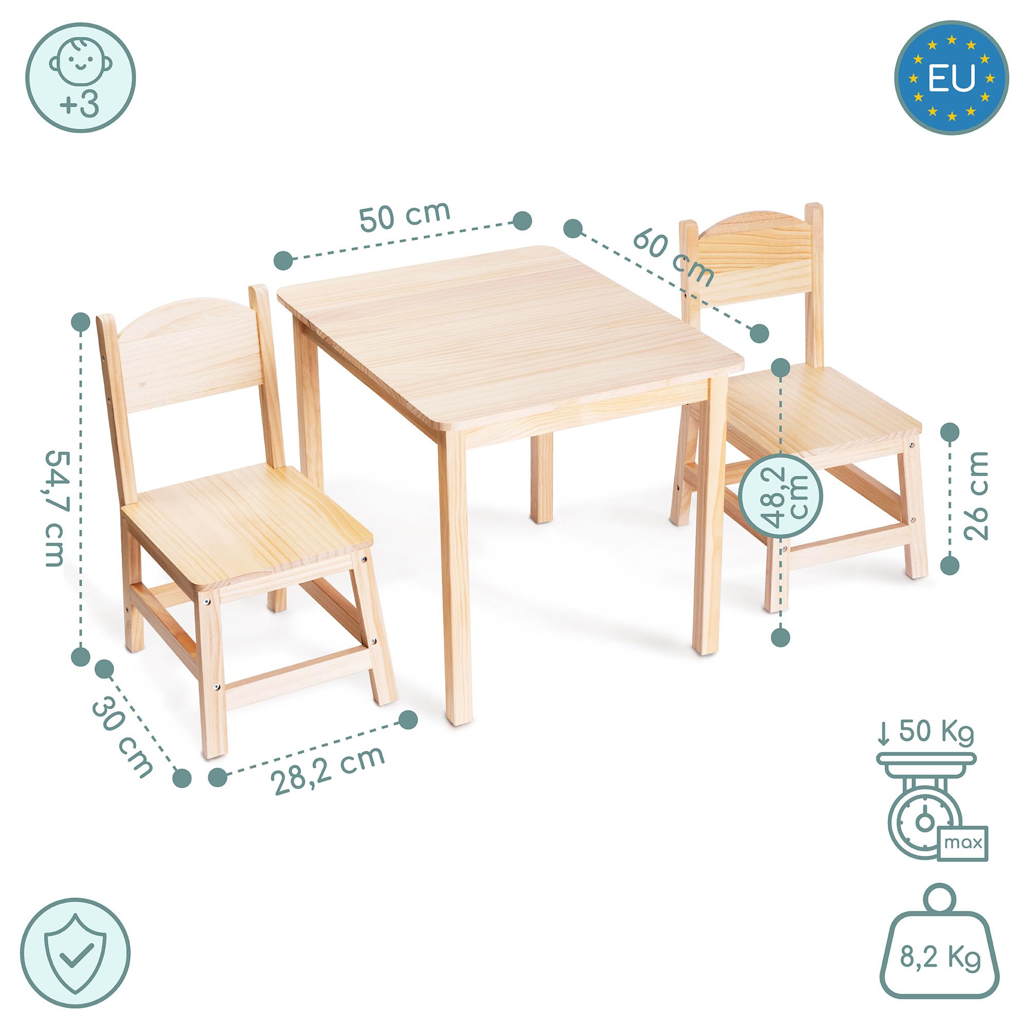 Mamabrum Drewniany Stolik i 2 Krzesełka dla Dzieci – Zestaw z Naturalnego Drewna Sosnowego do Zabawy Nauki i Posiłków – Ergonomiczny i Bezpieczny – 3+