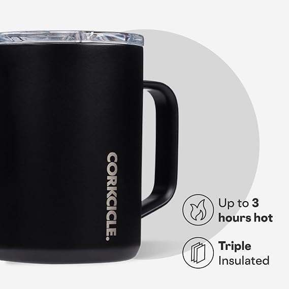 Corkcicle Origins Travel Coffee Mug - Triple Insulated Stainless Steel Cup with Handle for Tea, Hot Chocolate, Coffees, More - Spill Proof, Reusable, Dishwasher Safe - Matte Black, 475ml/16oz